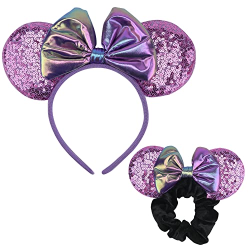 Disney Style Mouse Ears Headband & Scrunchies Set with Bow - Cute Hair Accessories for Women Girls Boys Birthday Party Costume (Purple) - Perfect for Disney Trips, Theme Parks & Cosplay