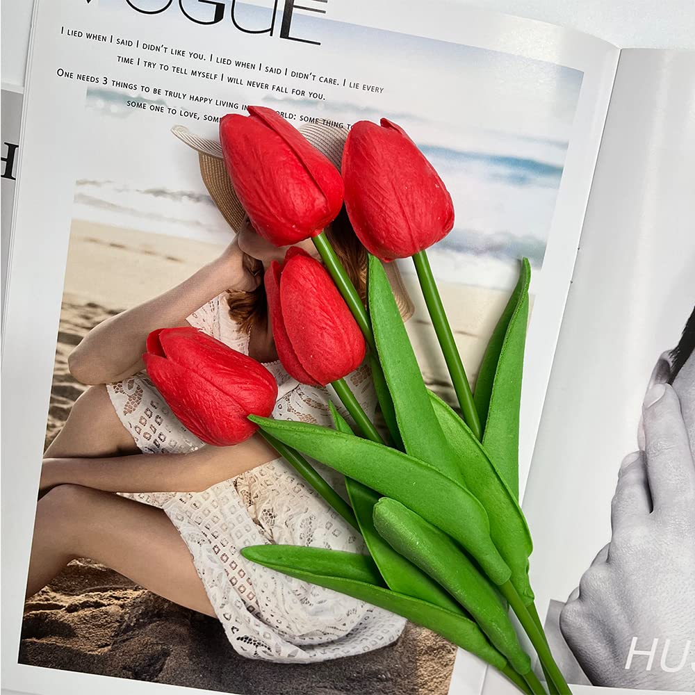 10 Pcs Realistic PU Touch Tulip Artificial Flowers - Red Fake Tulip Bouquet for Home, Office, Wedding, Party & Event Decorations - Perfect for Centerpieces, Table Arrangements & DIY Floral Projects