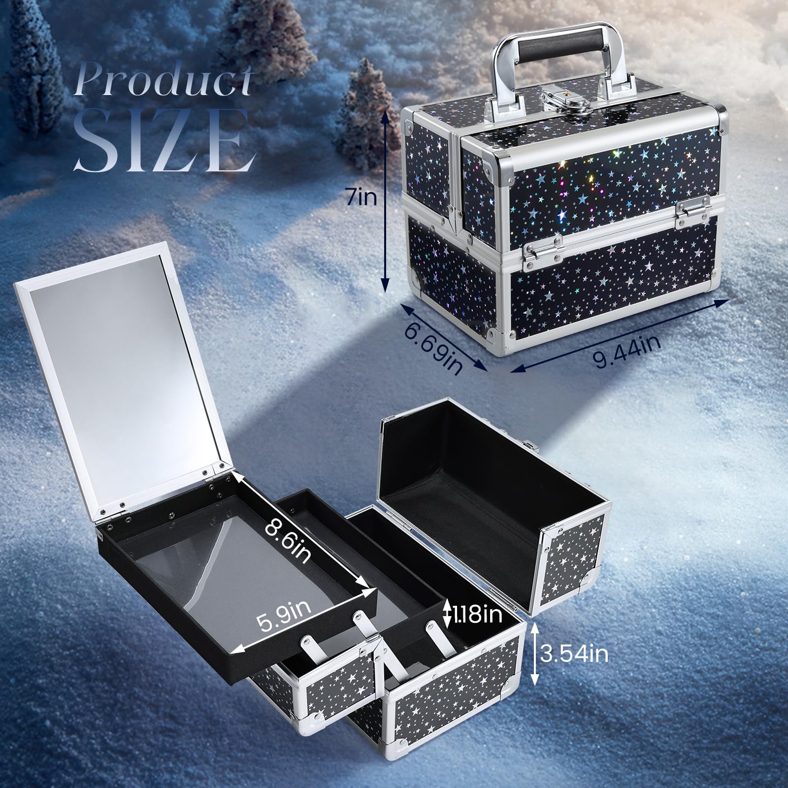 Joligrace Professional Makeup Train Case - Lockable Portable Cosmetic Organizer with 2 Trays & Mirror for Makeup Artists, Nail Technicians & Beauticians - Perfect for Travel & Salon Storage - Black Star Design
