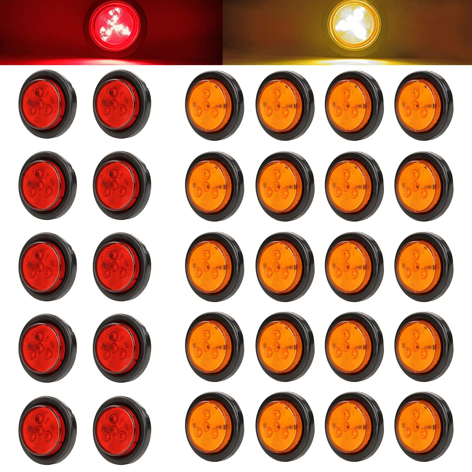 30pcs 2 Inch Round LED Trailer Lights - 12V 4 High Brightness Waterproof Side Marker Lights with Grommet & Plug+Play 2 Pin Connector for Trucks, Trailers, RVs, Campers (10 Red + 20 Amber) - Perfect for Night Driving Safety & Vehicle Visibility