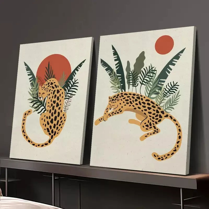 2PCS Jungle Animal Canvas Wall Art - Minimalist Framed Painting Decor 50x75cm - High Quality Print Ready to Hang - Perfect for Nursery, Kids Room & Living Room Decor