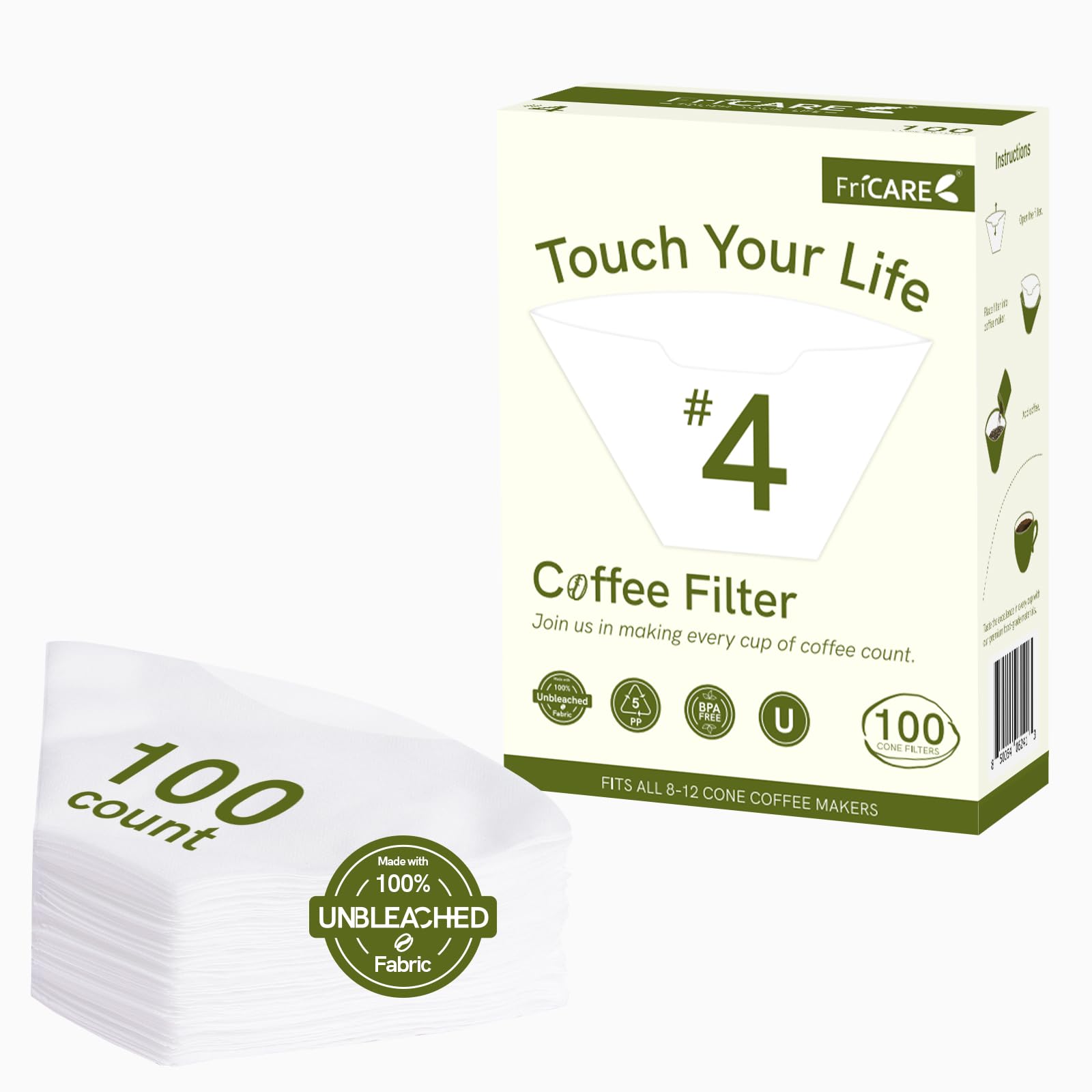 FriCARE Reusable #4 Coffee Filters for Electric Cone Makers (8-12 Cup) - 100-Pack White Non-Paper Filters - Eco-Friendly Alternative to Disposable Filters - Perfect for Home & Office Coffee Brewing