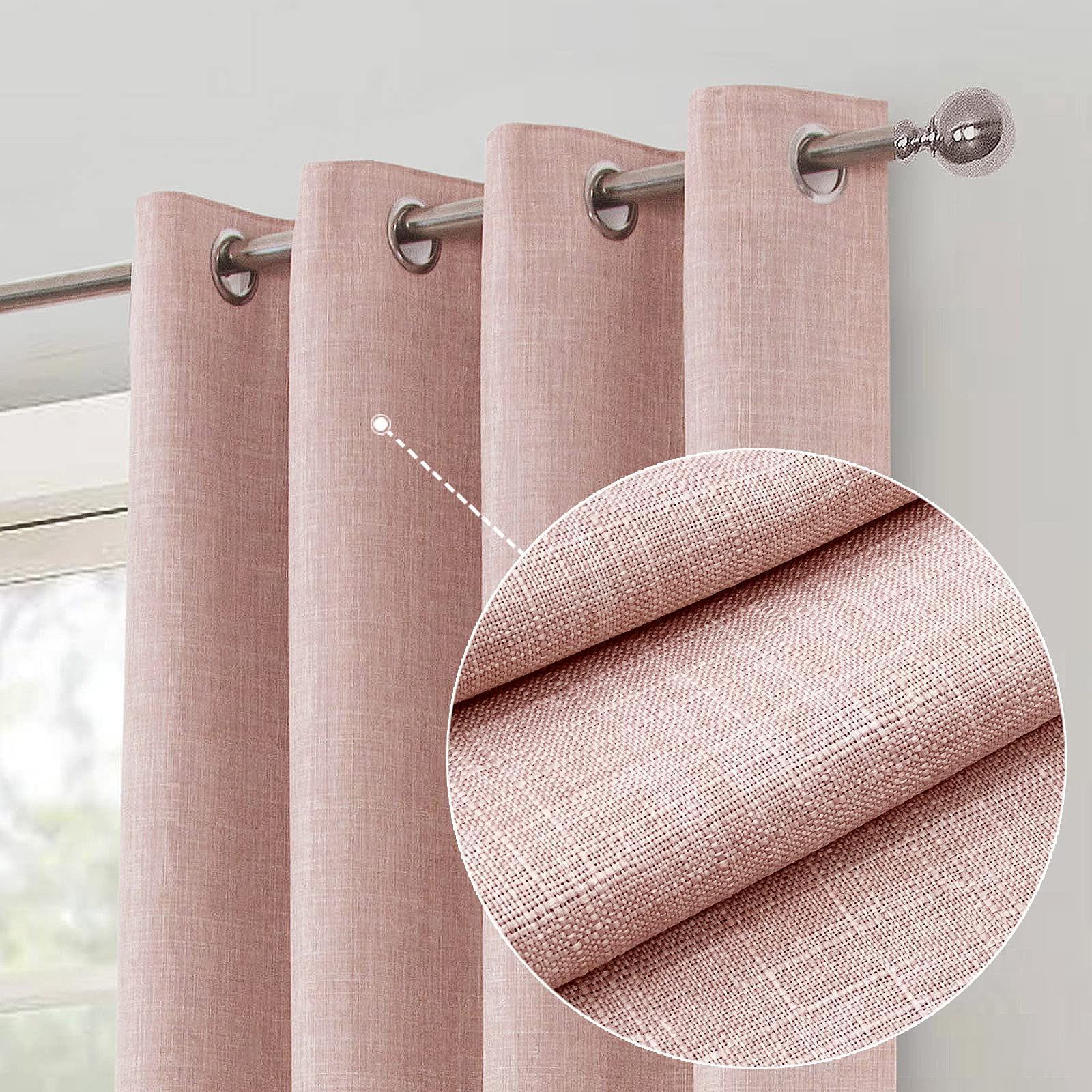 Always4U Faux Burlap Textured Linen Look Curtains - 54x84 Inch 2 Panels Set, Pink Grommet Drapes for Living Room & Bedroom Window Treatments - Perfect for Farmhouse, Boho & Coastal Home Decor