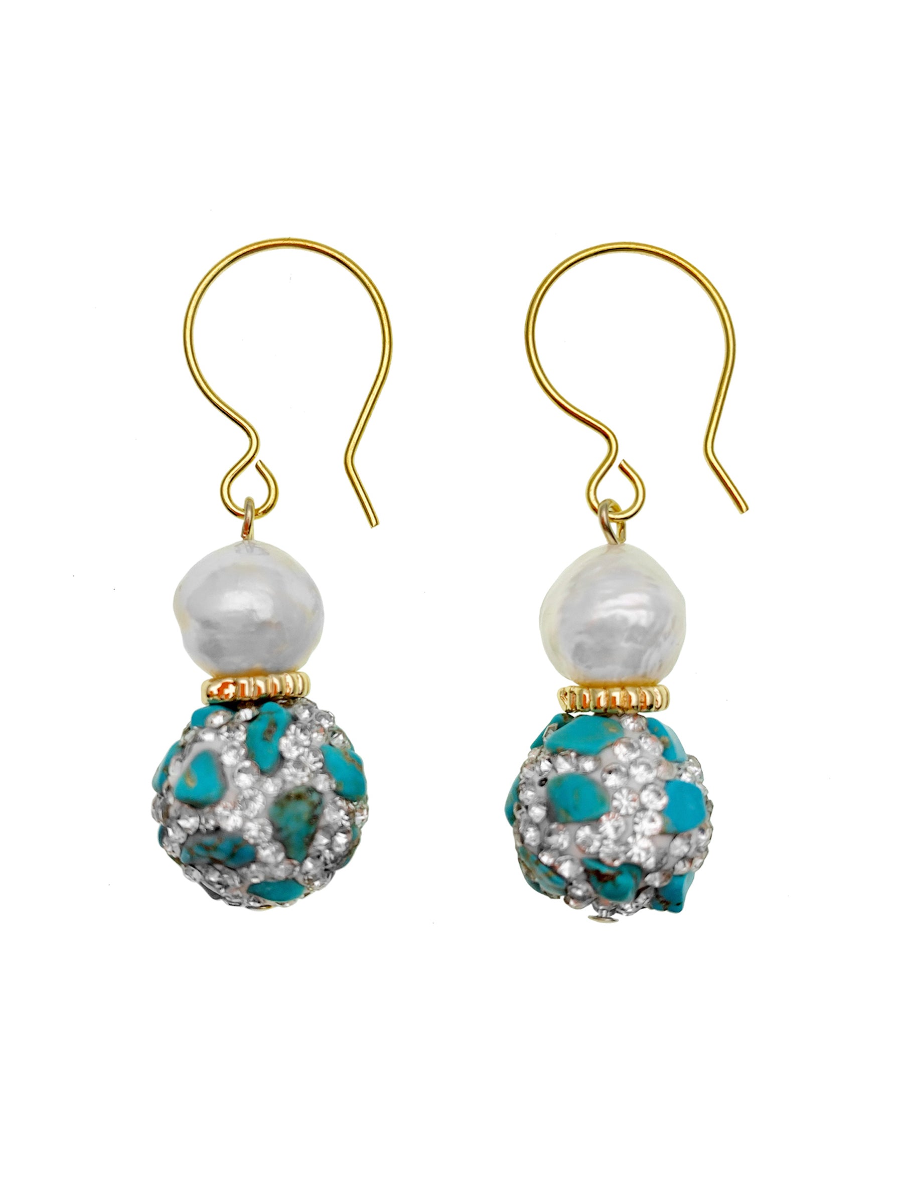 Elegant Freshwater Pearl & Rhinestone Turquoise Dangle Earrings EE007 - Perfect for Weddings, Parties & Special Occasions