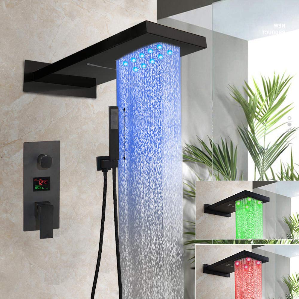 LED Matte Black Rainfall Shower Head with Square Waterfall Faucet Set - Perfect for Modern Bathroom & Spa-Like Shower Experience