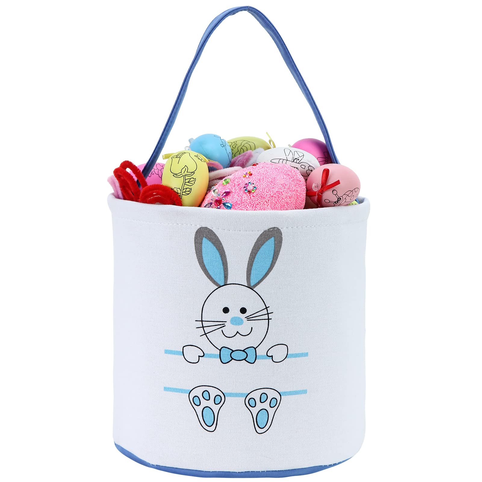 Easter Bunny Basket Egg Bags for Kids - Personalized Canvas Cotton Candy Egg Basket with Fluffy Tail - Cute Rabbit Print Easter Gift Bags for Egg Hunt, Party Favors & Spring Celebrations