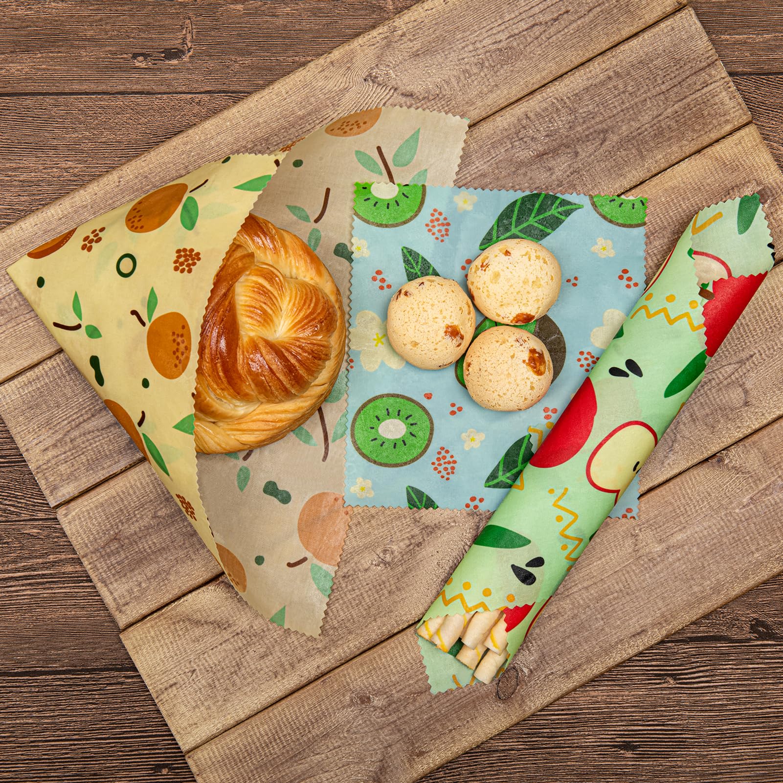 Eco-Friendly Beeswax Food Wraps Set of 9 - Reusable Plastic-Free Food Storage with Assorted Fruit Patterns (4 Small, 3 Medium, 2 Large) - Perfect for Sandwich Wrapping, Cheese Preservation & Leftover Covering