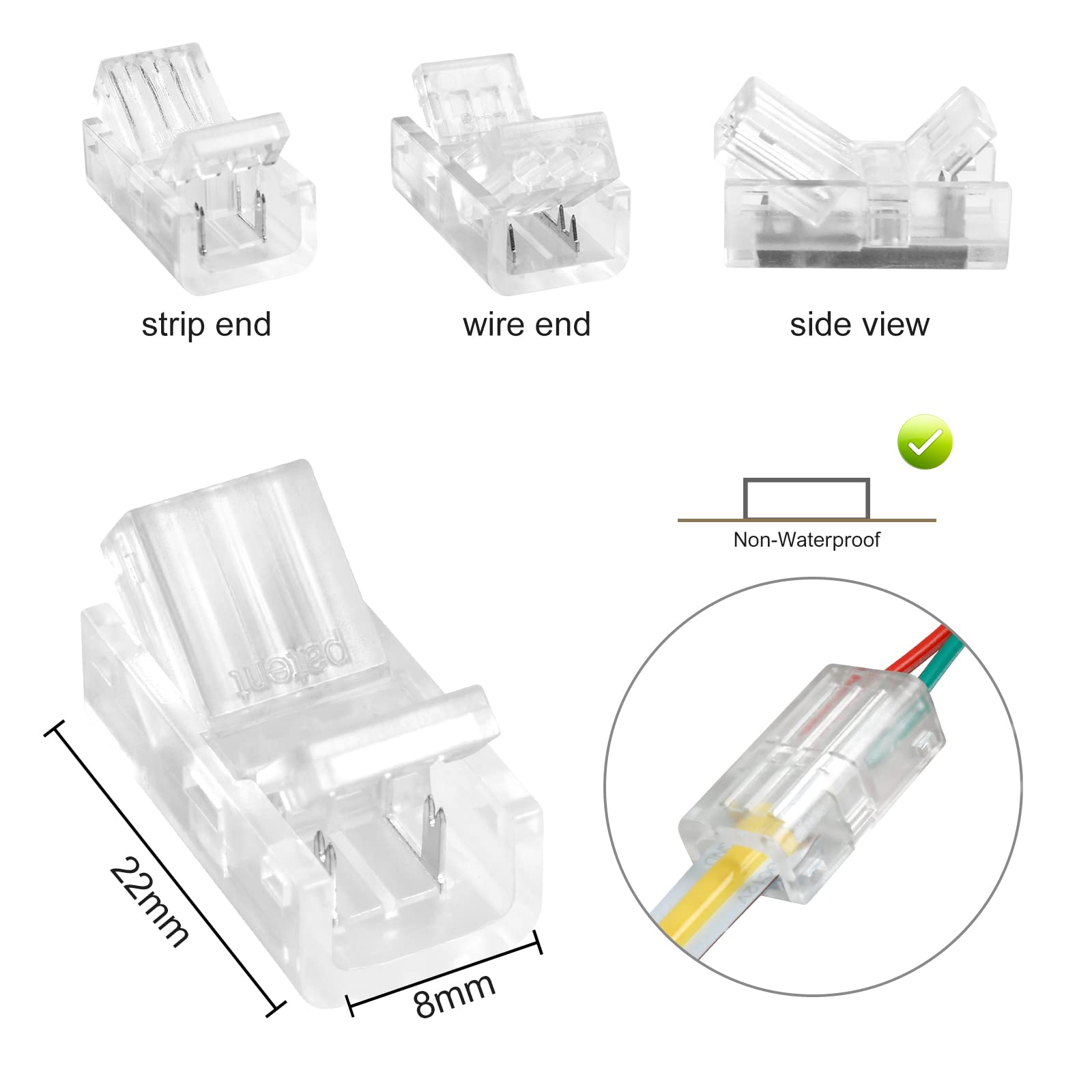 RGBZONE 10Pcs 2 Pin 8mm COB LED Connectors - Solderless LED Strip to Wire Connector for 8mm COB LED Strip Lights, 36V 5A, Gapless Connection - Perfect for Home Lighting, DIY Projects, and Commercial LED Installations