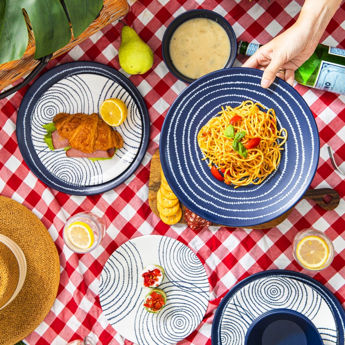 12-Piece Planet Melamine Dinnerware Set - French Navy Blue Plates & Bowls for Outdoor Picnics, Camping, and Durable Everyday Use