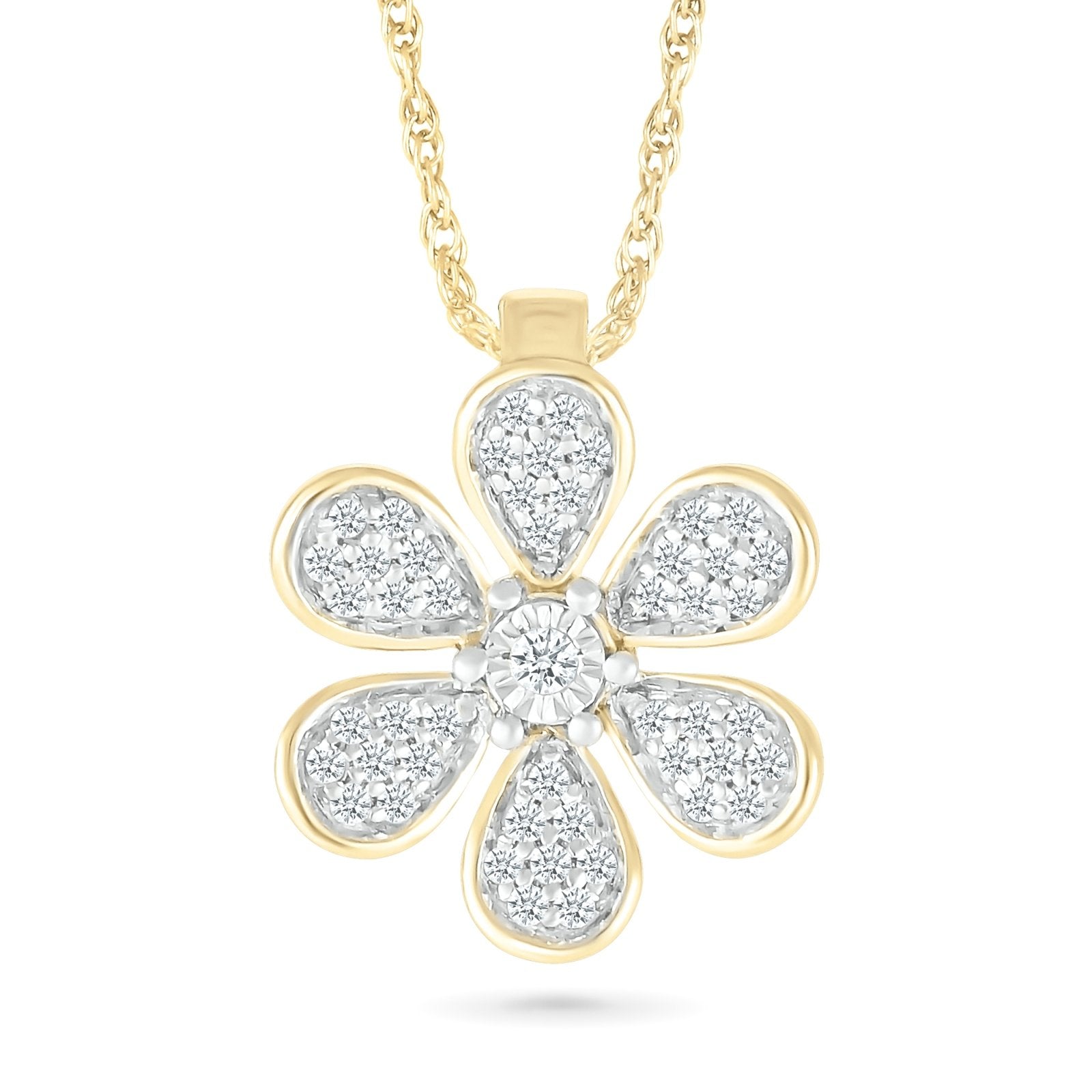 10K Yellow Gold Pave Six Petal Diamond Flower Pendant Necklace - Dainty Floral Jewelry for Women, Perfect for Valentine's Day Gifts & Anniversary Presents