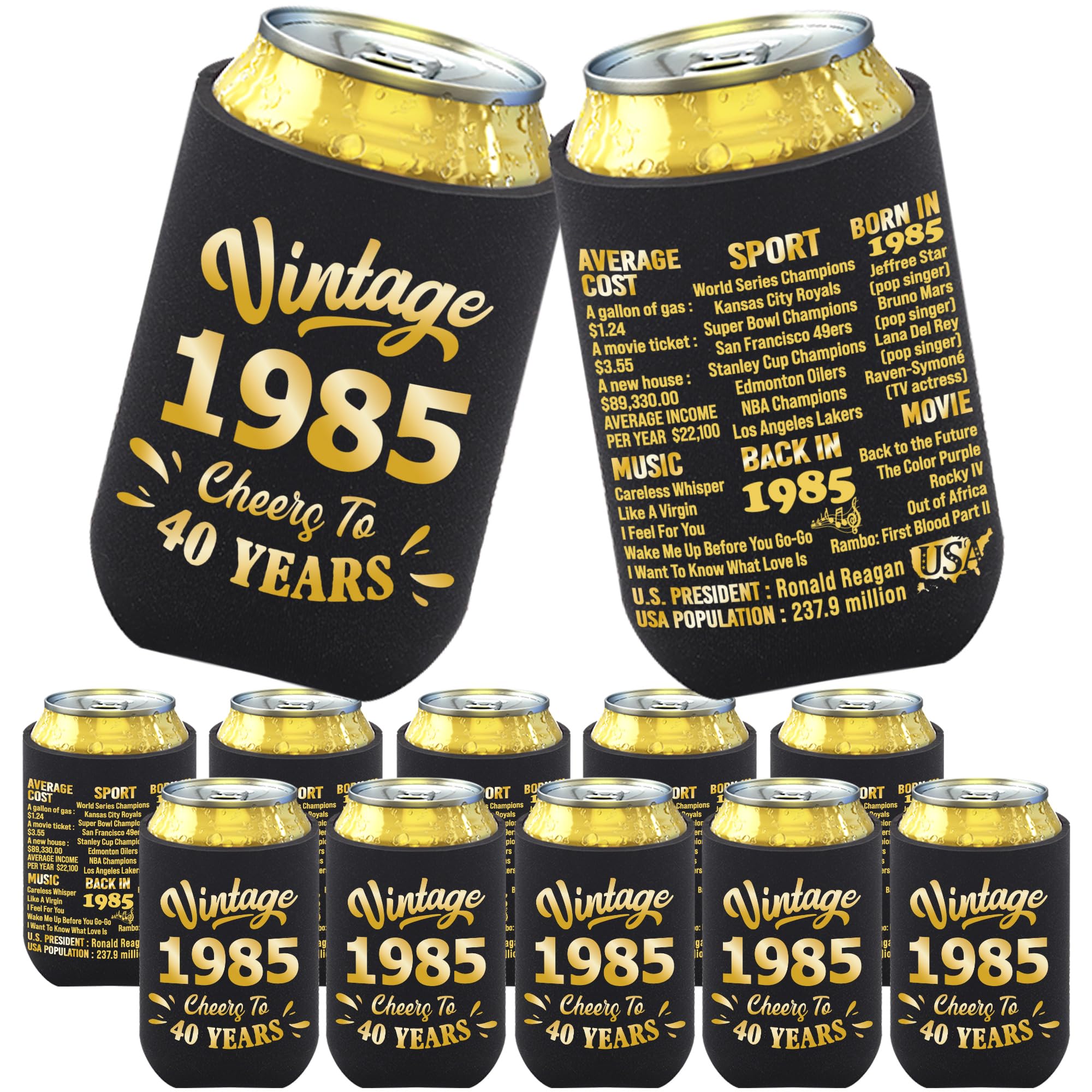 40th Birthday Party Decorations for Men & Women - Black & Gold Pack of 12 Can Cooler Sleeves - Perfect for 40th Birthday Gifts, Party Favors & Supplies - Great for Backyard BBQs, Pool Parties & Anniversary Celebrations