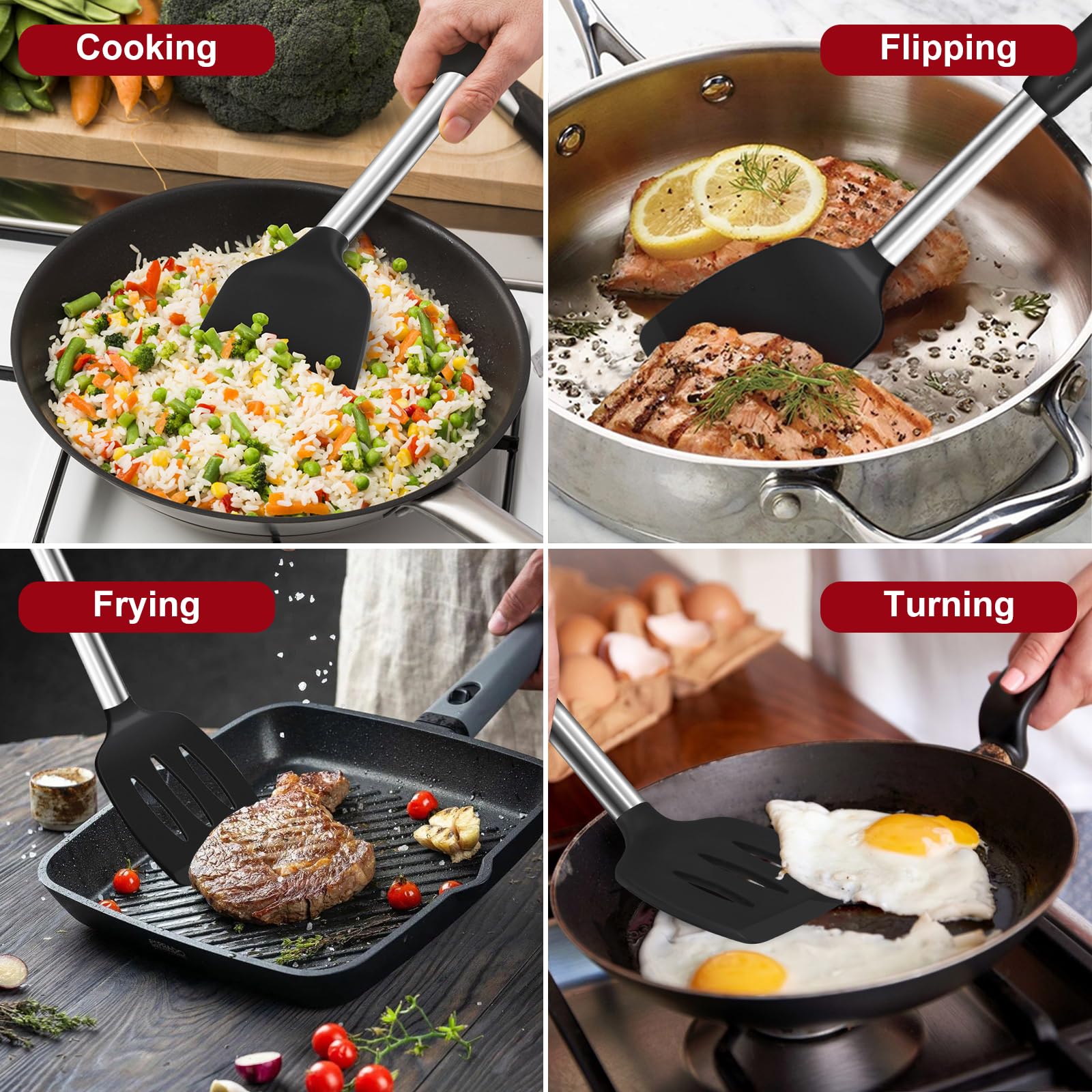 Premium Silicone Spatula Turner Set - 2-Pack Heat-Resistant Kitchen Utensils for Nonstick Cookware, Fish, Eggs & Pancakes | Solid & Slotted Rubber Spatulas for Wok Cooking, Baking & Grilling | Ideal for Home Chefs & Professional Kitchens