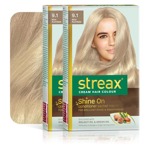 Streax Permanent Hair Color Cream for Women - 100% Gray Coverage with Argan & Walnut Oil - Long Lasting Ash Hair Dye - 9.1 Rich Platinum (120ml, Pack of 2) - Perfect for Salon-Quality Color at Home & Professional Styling