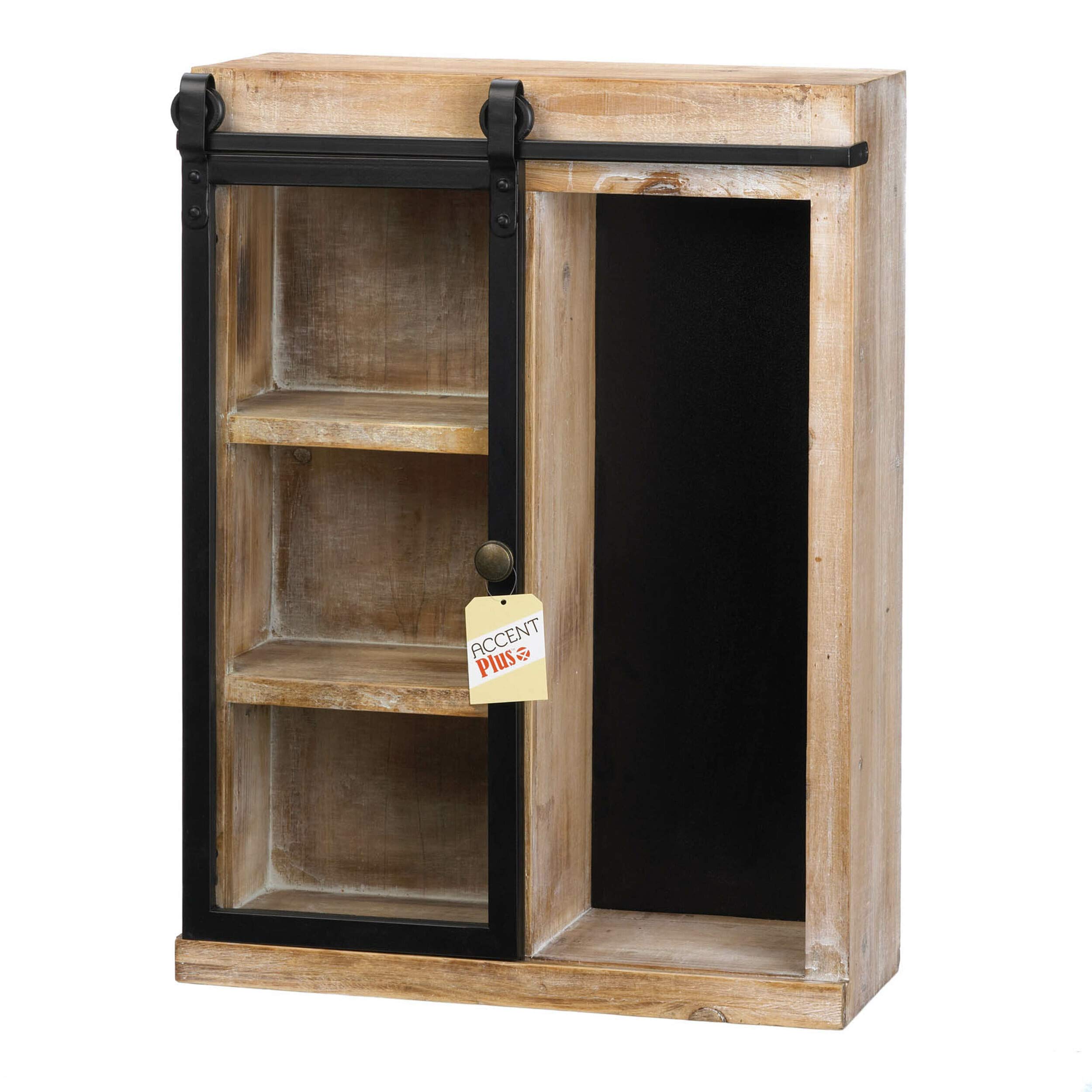 Rustic Open Wall Cabinet with Chalkboard Back & Glass Barn Door - Farmhouse Kitchen Storage for Spices, Dishes & Decor | Accent Plus Home Organization