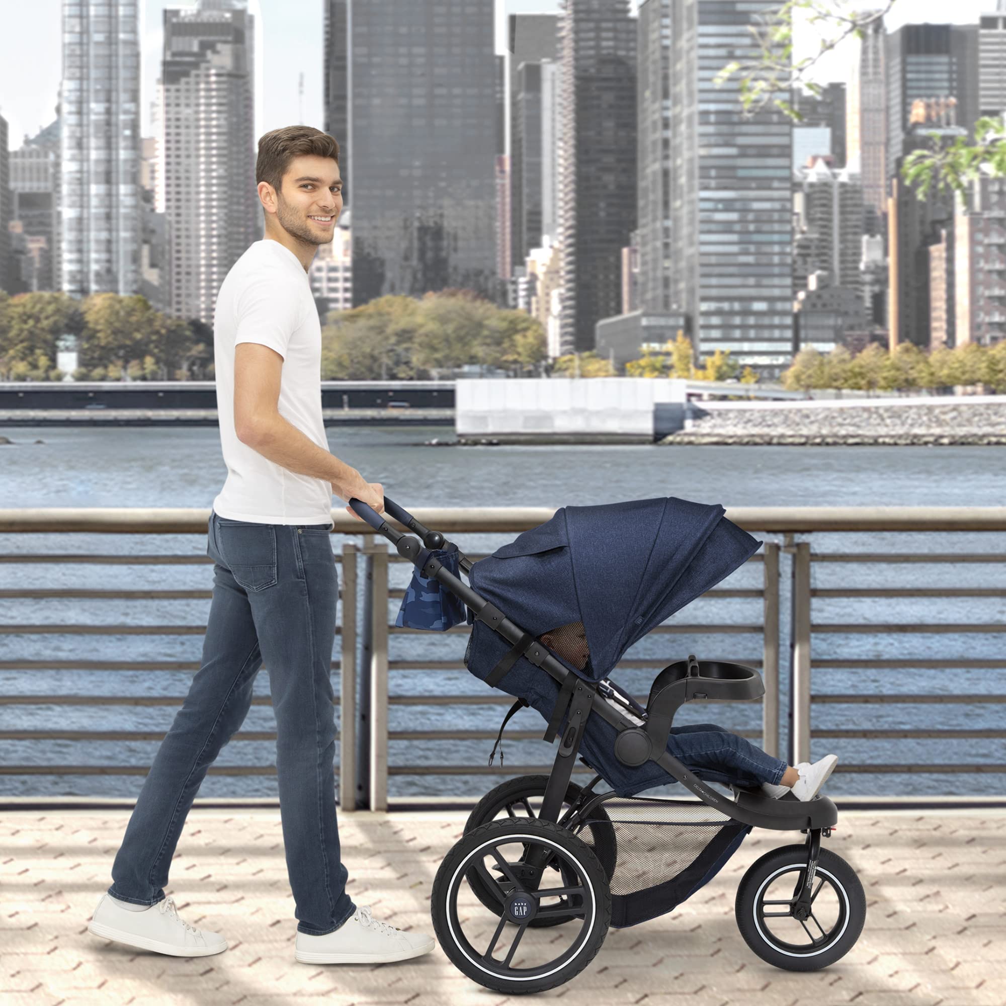 BabyGap Trek Lightweight Jogging Stroller - Adjustable Canopy & Reclining Seat with Car Seat Adapter | Eco-Friendly Navy Camo Design | Perfect for Running, Walking & Outdoor Adventures with Baby