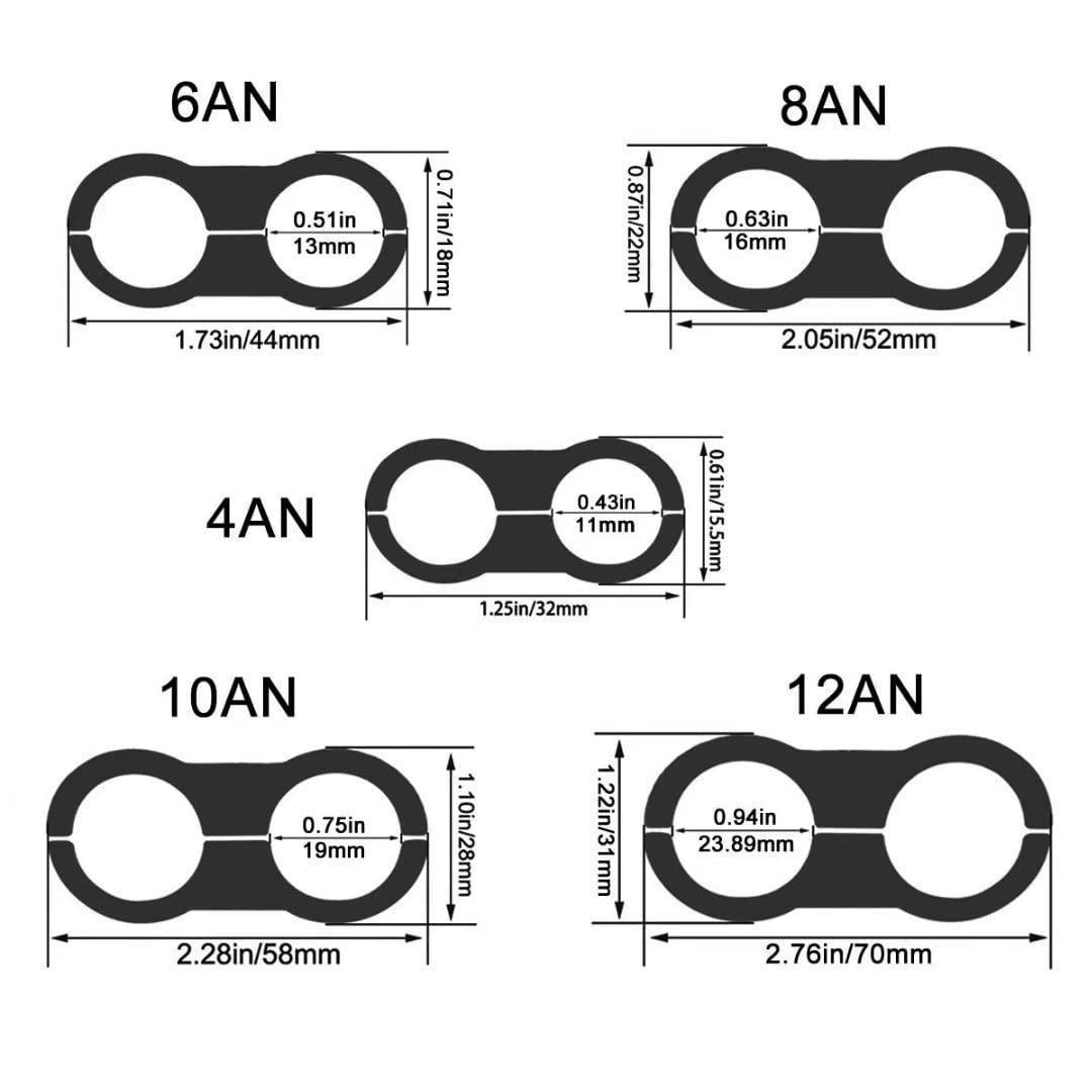 6AN Black Aluminum Hose Clamps - AN6 Fuel Line Separator & Mounting Clamps (6-Pack) - Compatible with 3/8