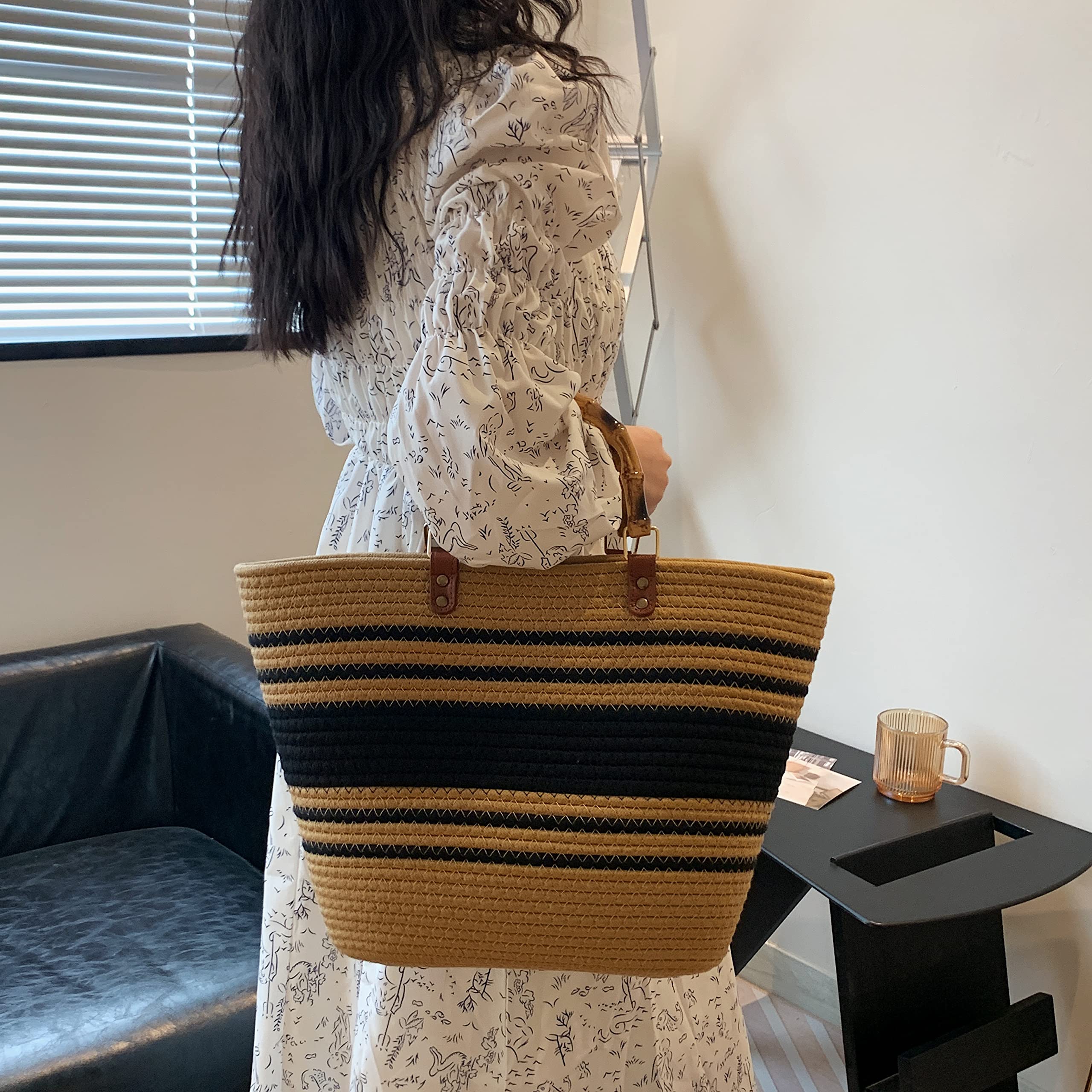 Straw Beach Tote Bag for Women - Eco-Friendly Woven Handbag with Bamboo Handles - Perfect for Summer Vacation, Pool Party & Beach Accessories