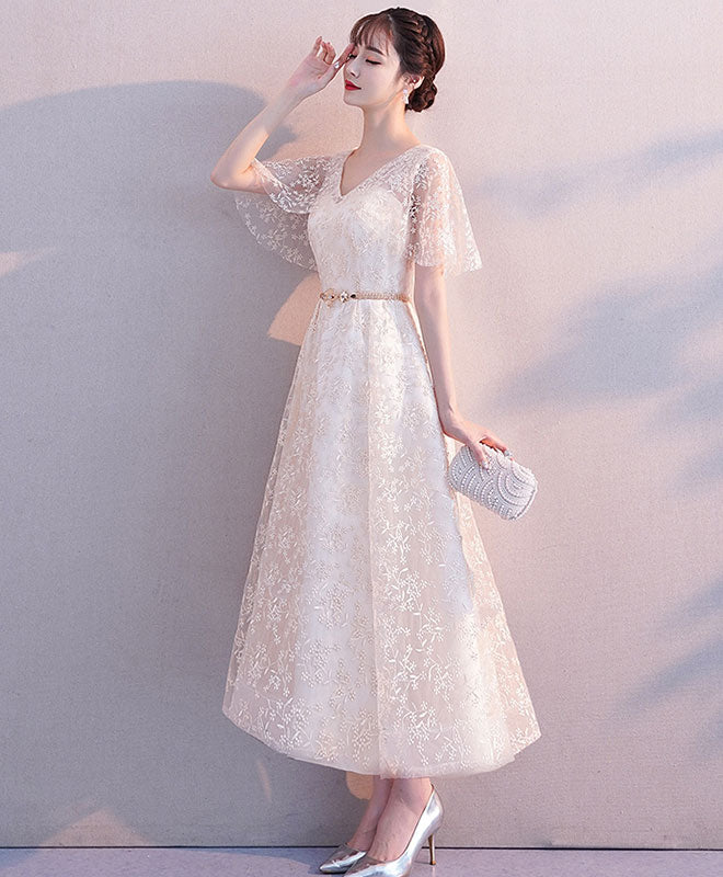 Elegant Beige Tulle Lace Prom Dress & Bridesmaid Gown - Perfect for Formal Dances, Weddings & Special Occasions