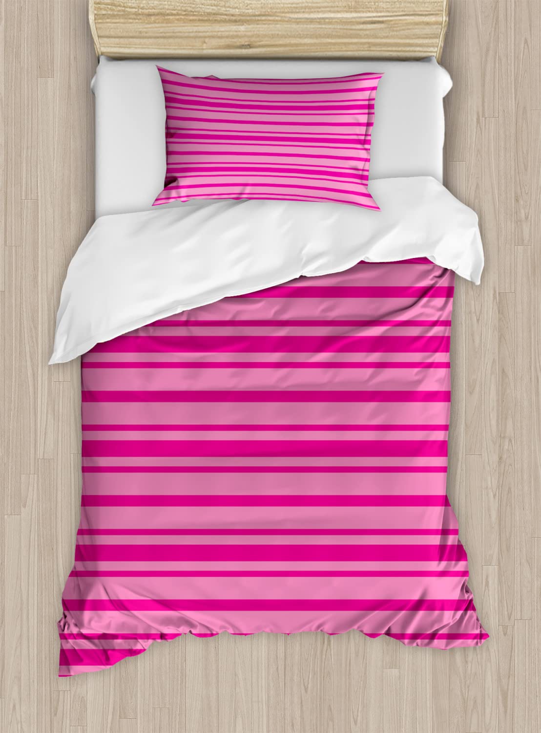 Ambesonne Pink Duvet Cover Set - Twin Size 2-Pack with 2 Pillowcases, Hot Pink Geometric Striped Design | Soft Bedding for Girls' Rooms, Guest Bedrooms & Modern Home Decor