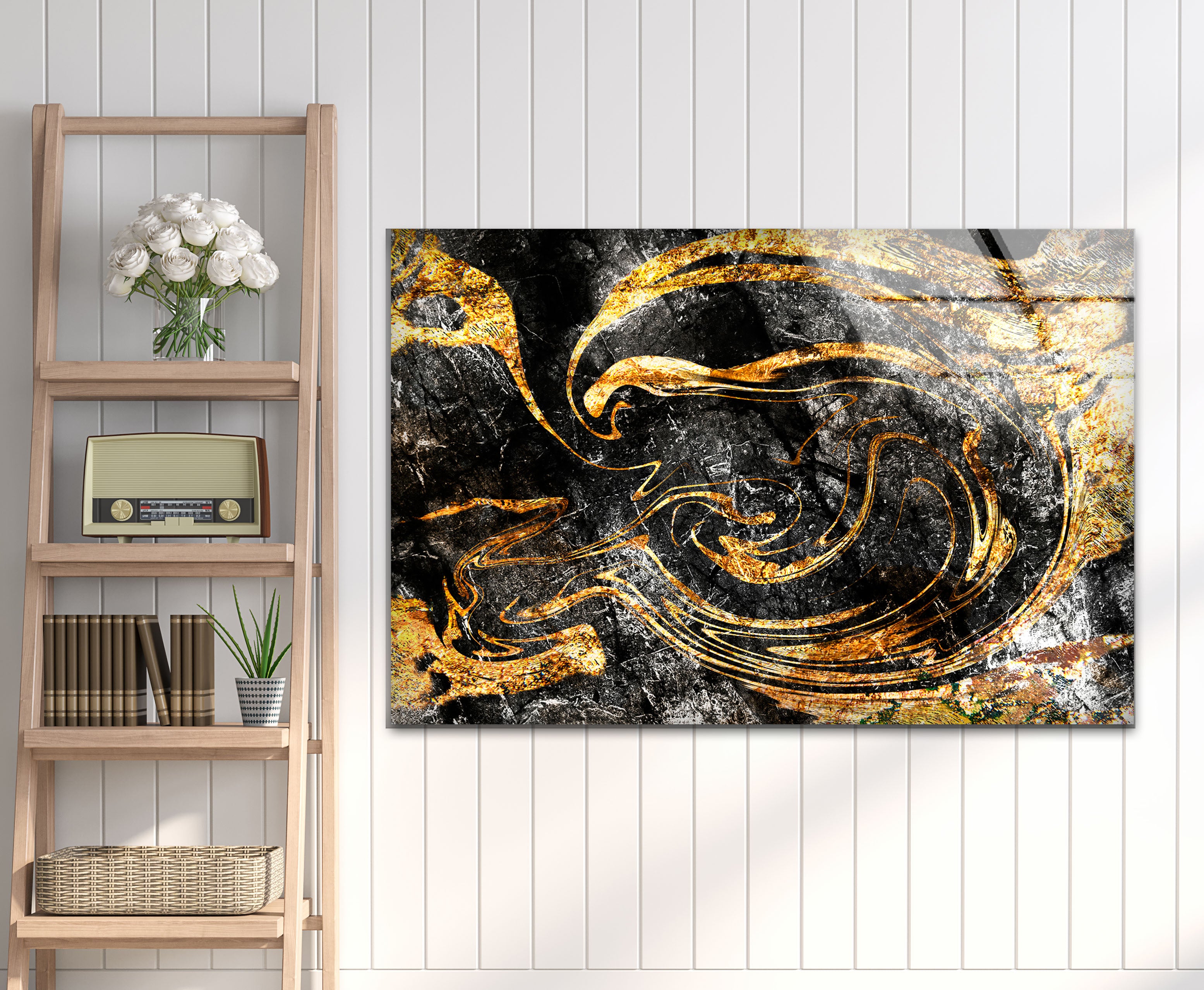 Black Gold Abstract Wall Art - Premium Textured Glass Print with Metallic Swirl Design for Modern Home & Office Decor | Perfect for Living Room, Bedroom or Contemporary Spaces