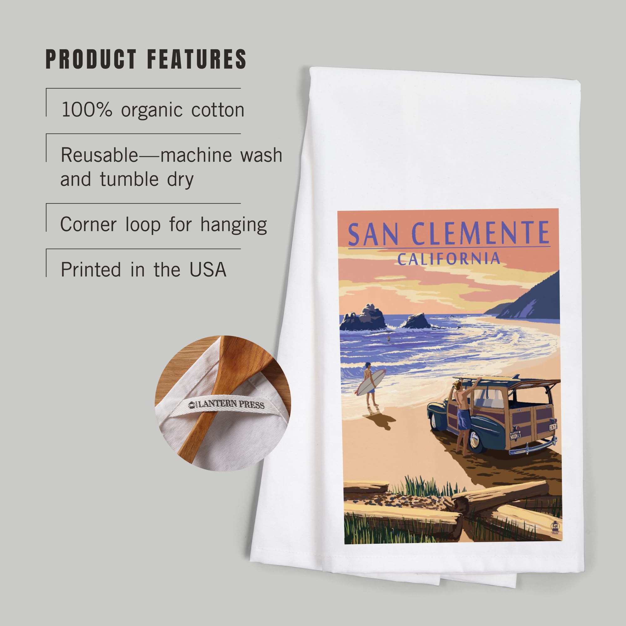 Lantern Press San Clemente California Woody on Beach 100% Cotton Tea Towel - Decorative Hand Towel for Kitchen, Home Decor & Beach House Gifts