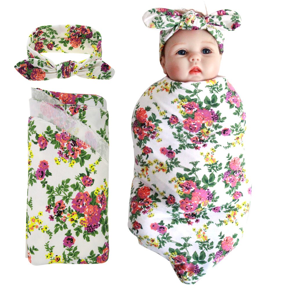 Soft Newborn Swaddle Blankets & Headband Set for Baby Girls & Boys - 100% Cotton Receiving Blankets for Swaddling, Nursing & Photo Shoots - Perfect Baby Shower Gift & Hospital Essentials