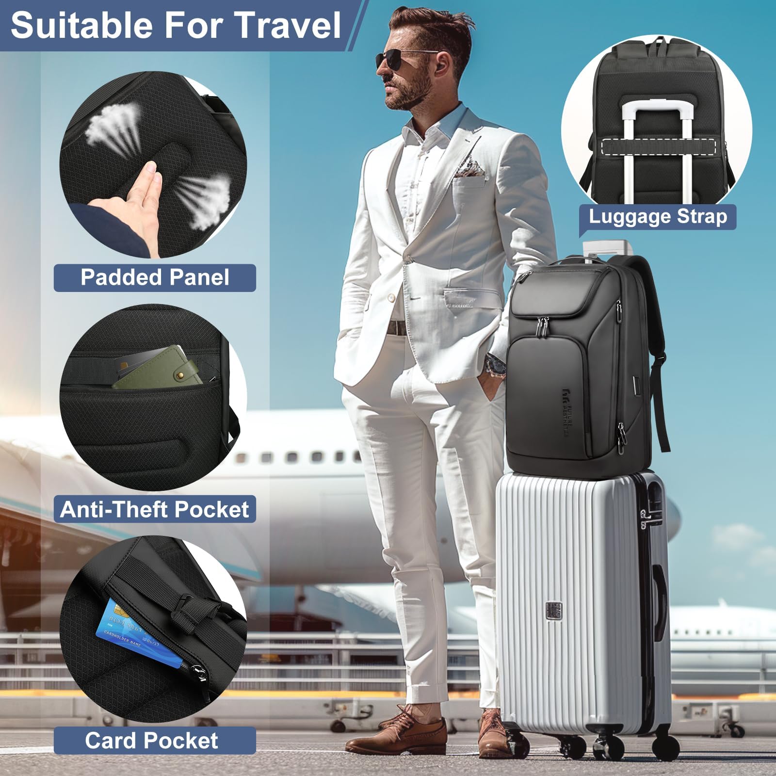 Anti-Theft Business Smart Backpack for Men - 17.3 Inch Laptop Backpack with USB Charging Port, Water-Resistant & Durable 30L Travel Backpack for College, Work & Commuting - Black
