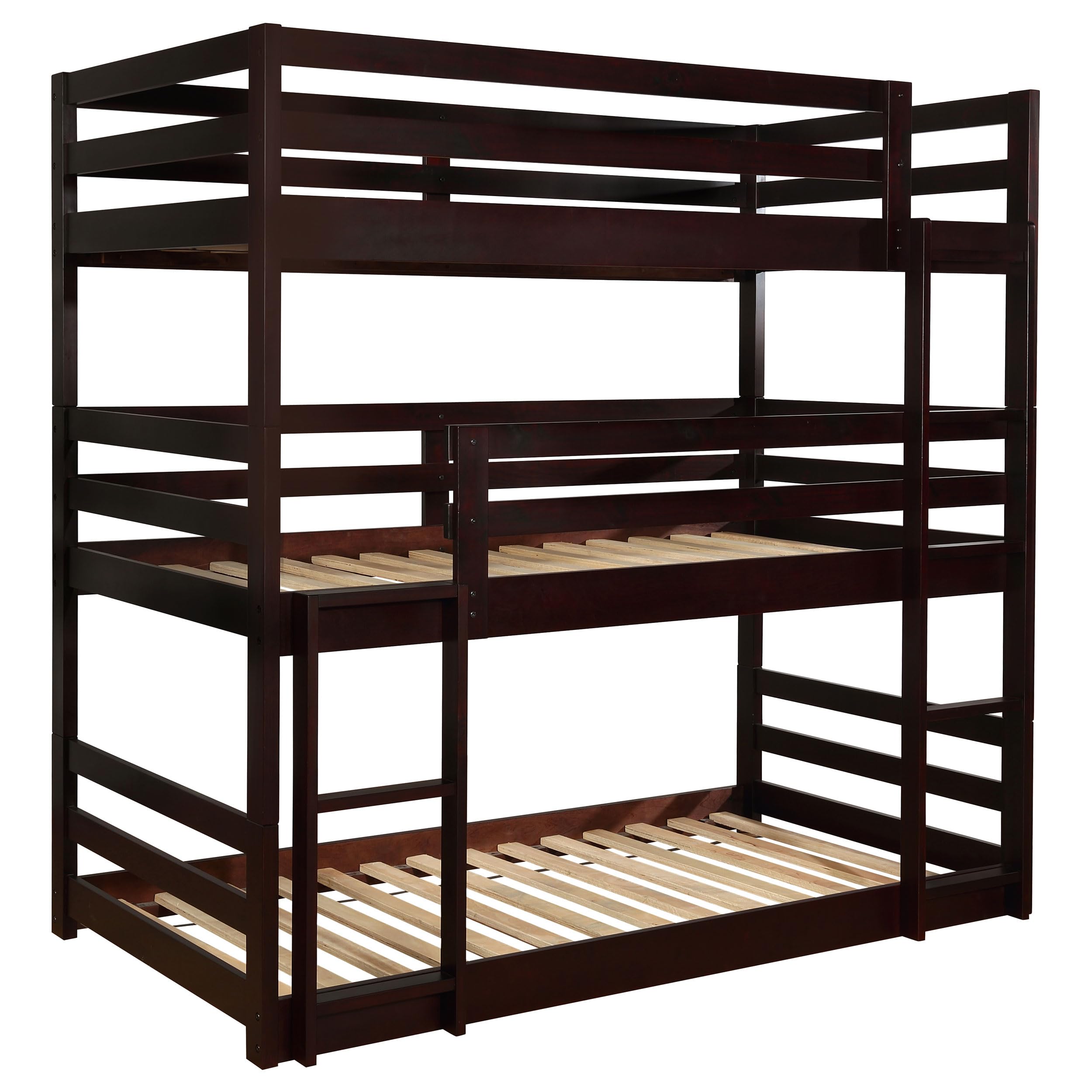 Coaster Home Furnishings Triple Bunk Bed Frame - Twin Over Twin Over Twin Size, Wood Construction with Ladder & Guardrails, Cappuccino Finish - Perfect for Kids' Bedrooms, Dorms, and Space-Saving Home Solutions