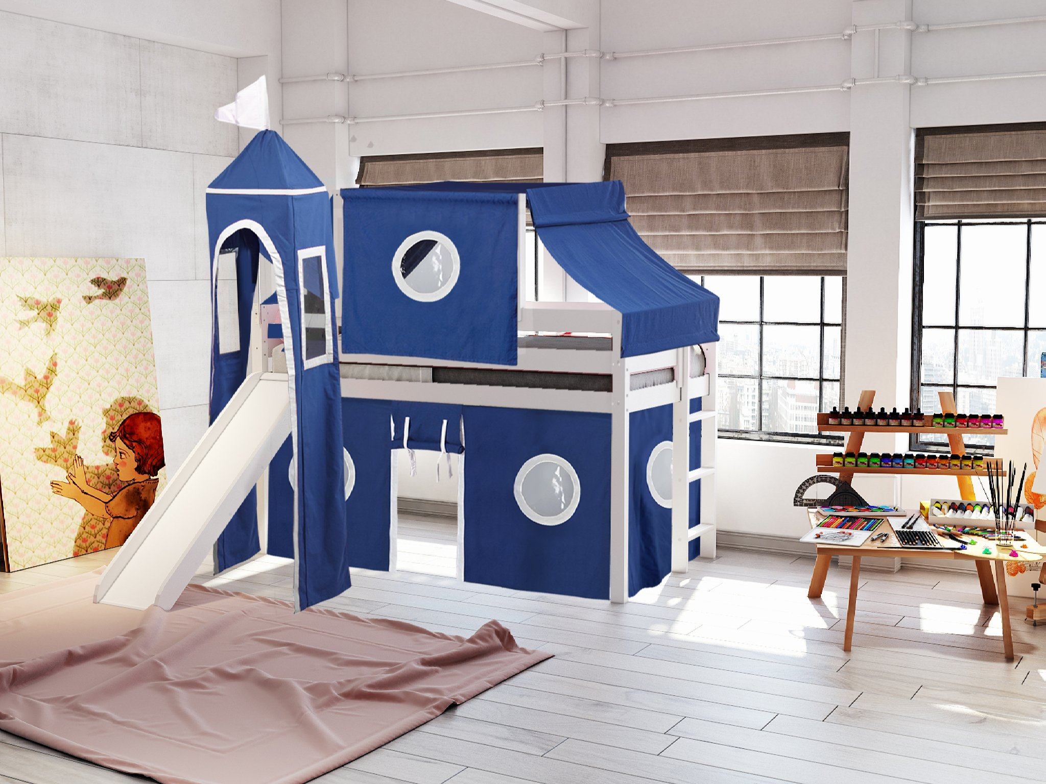 White Castle Twin Low Loft Bed with Slide & Blue-White Tent - Kids' Space-Saving Bunk Bed for Small Bedrooms, Playrooms & Sleepovers
