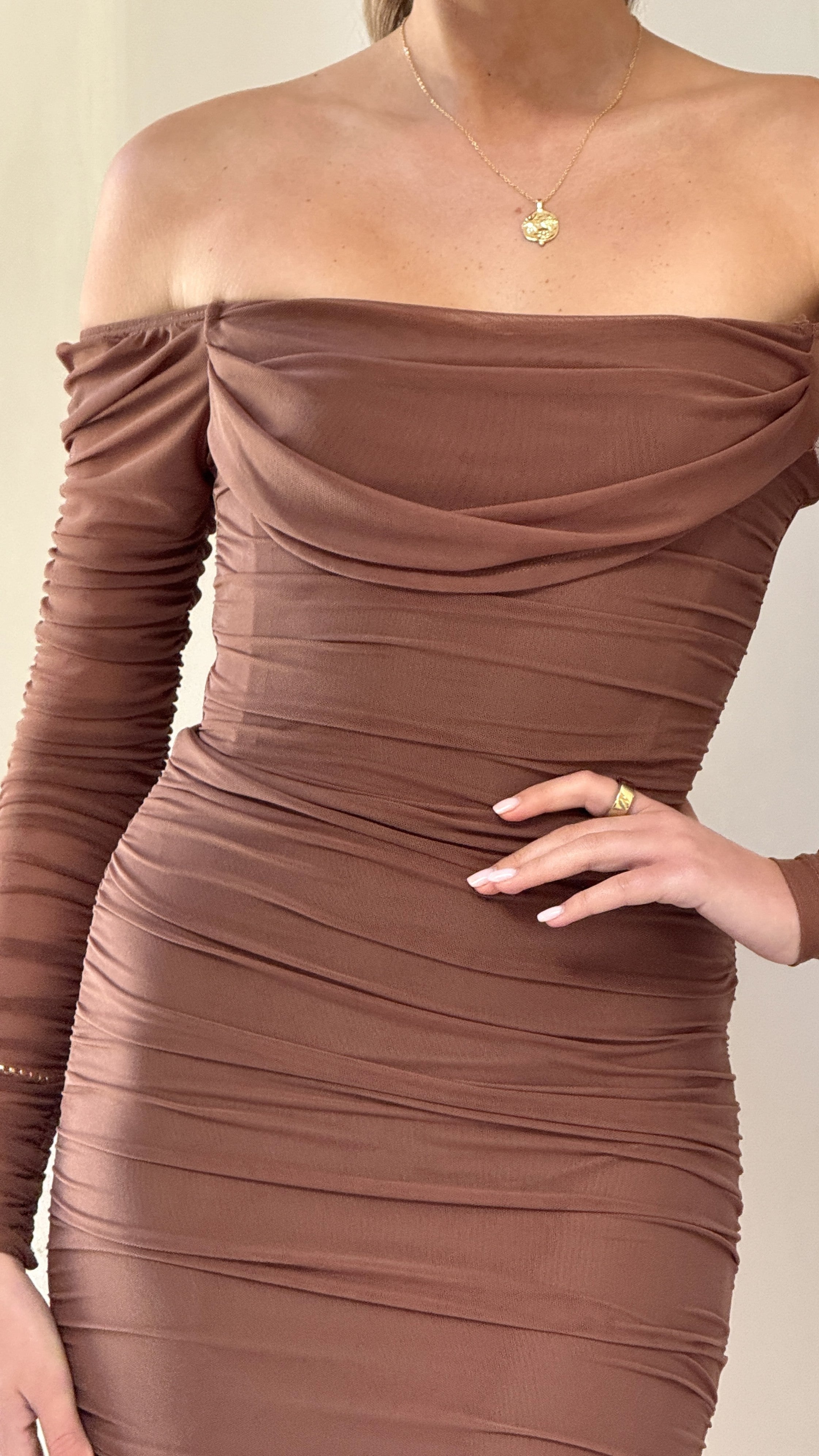 Kylie Maxi Dress Long Sleeve Chocolate - Elegant Women's Formal Evening Gown for Parties, Weddings & Special Occasions