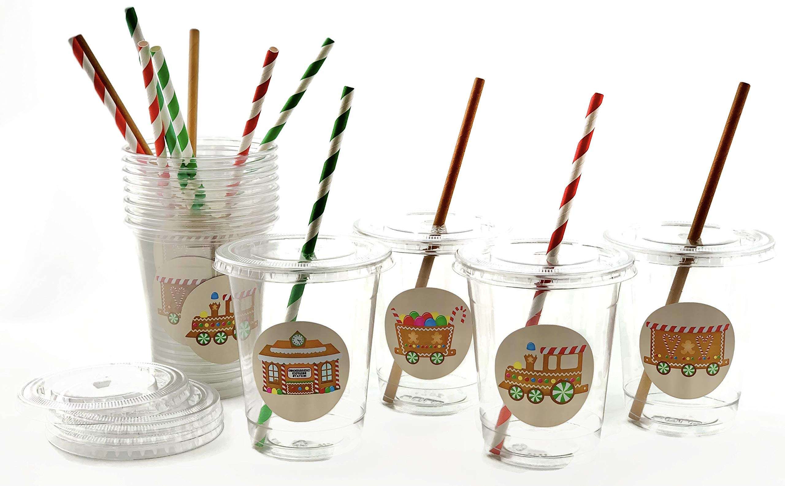 Gingerbread Train Christmas Party Cups with Lids and Straws - 12 Pack | Holiday Drinkware for Festive Gatherings, Kids Christmas Parties & Hot Cocoa Serving