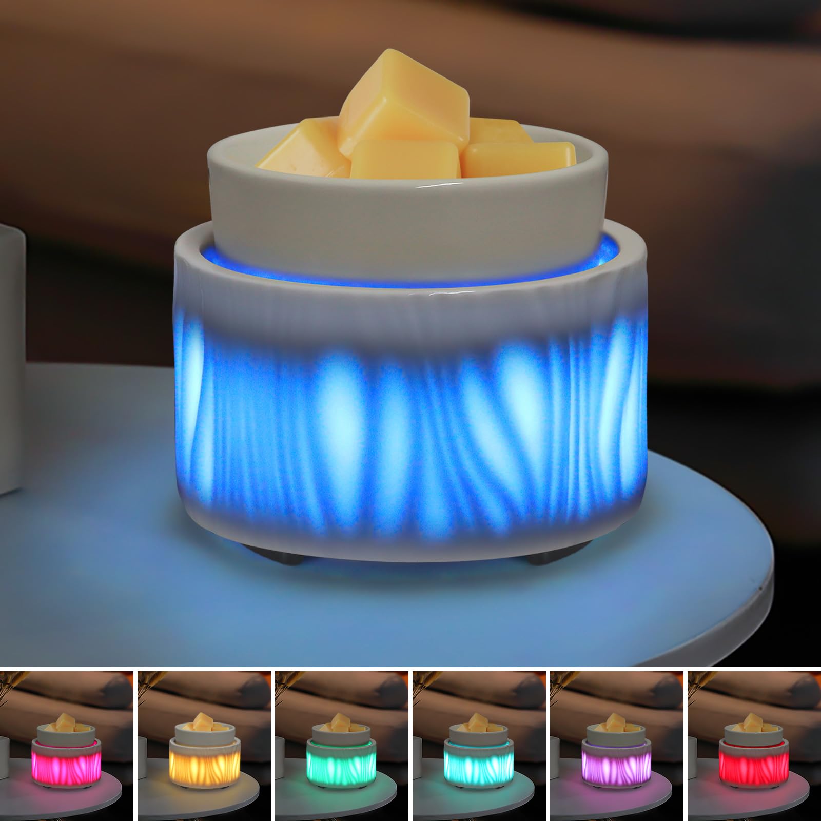 Ceramic Wax Melt Warmer with 7-Color LED Lights - 3-in-1 Electric Scented Wax Warmer & Fragrance Diffuser for Home, Office, Bedroom - Perfect Aromatherapy Gift for Women, Mom, Daughter (White) - Create Cozy Ambiance for Relaxation & Stress Relief