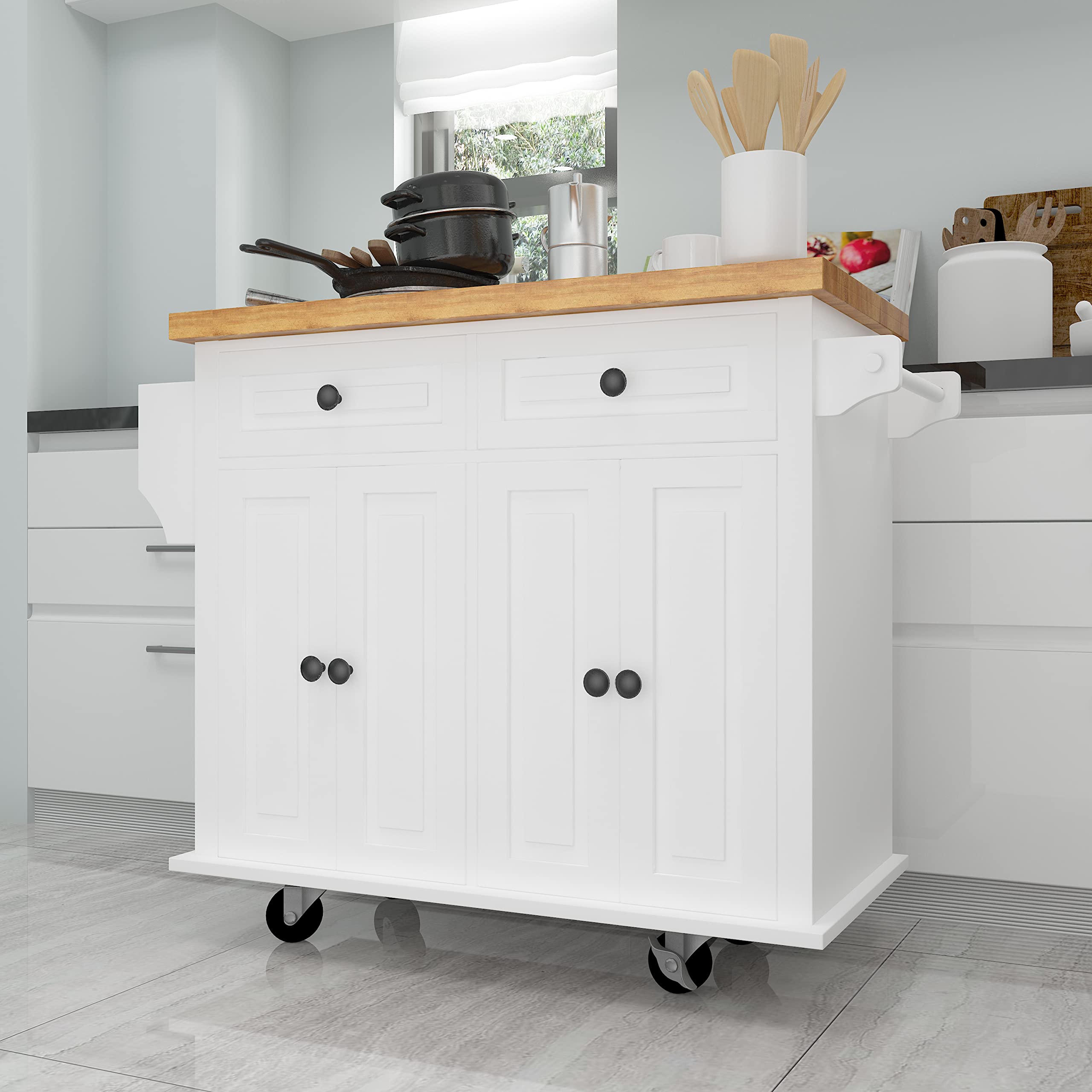 Goujxcy White Kitchen Island Cart on Wheels with Storage, Lockable Casters, Adjustable Shelves, Drawers & Cabinets for Small Spaces, Kitchen Organization, and Mobile Cooking Prep