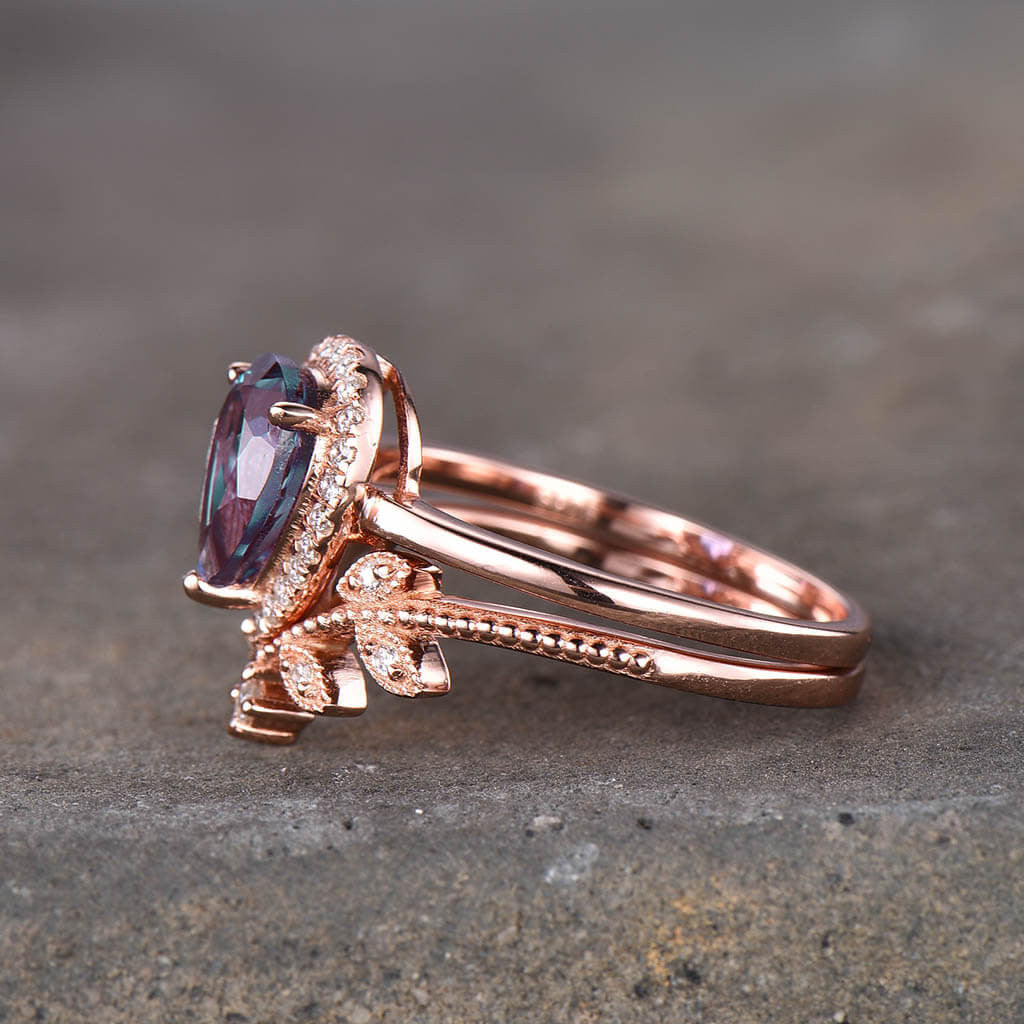 Vintage Pear Shaped Alexandrite Engagement Ring Set with Leaf Diamond Accents - 2 Piece Bridal Jewelry Set for Wedding, Proposal & Anniversary Gifts