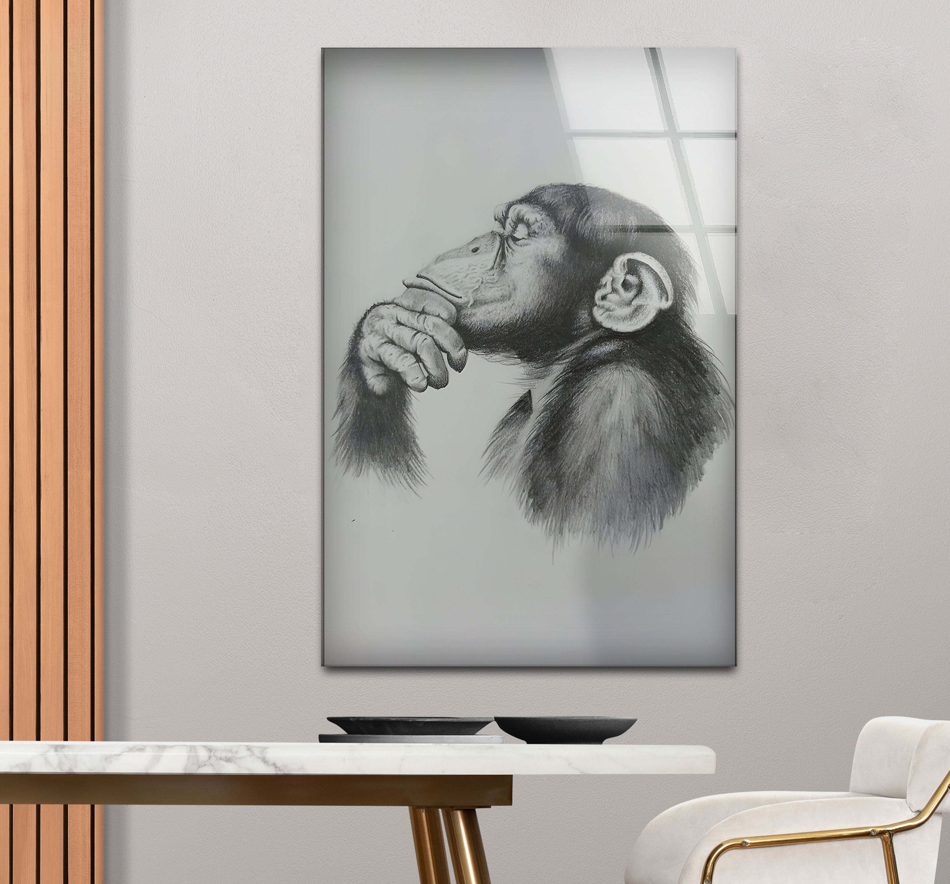 Black and White Monkey Drawing Glass Wall Art - Elegant Home Decor for Living Room, Bedroom, or Office