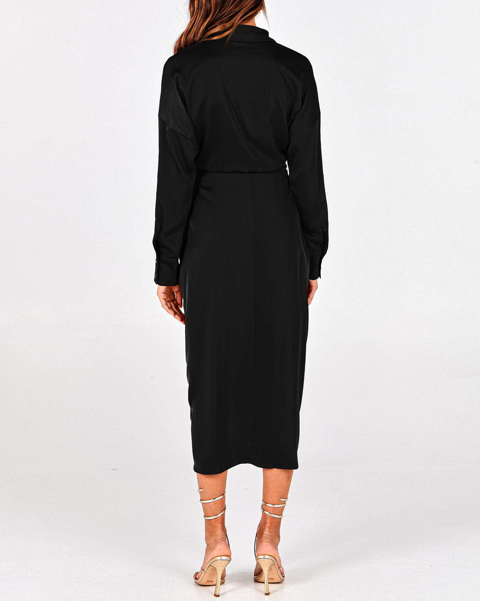 BTFBM Women's Elegant Long Sleeve Satin Maxi Dress - V Neck Lapel Button Down Ruched Belted Shirt Dress for Spring Summer 2025 | Perfect for Weddings, Parties & Office Wear