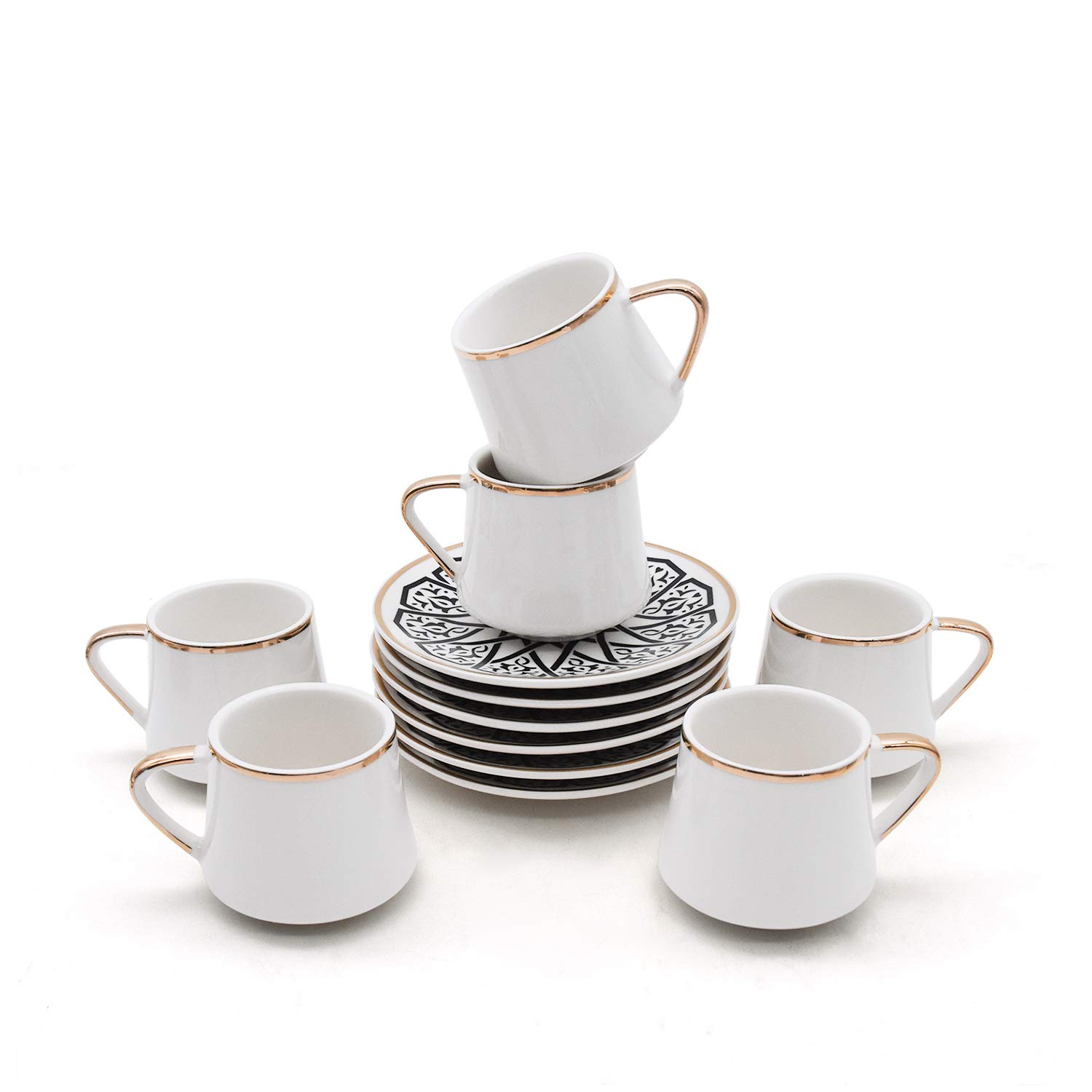 ABHOME 6-Piece Small Espresso Cups and Saucers Set - 2.5 oz Demitasse Cups with Elegant Gold Rim & Gift Box, White Coffee Cup with Decorative Pattern (Black, 80ml) - Perfect for Espresso, Cappuccino, and Afternoon Tea Serving