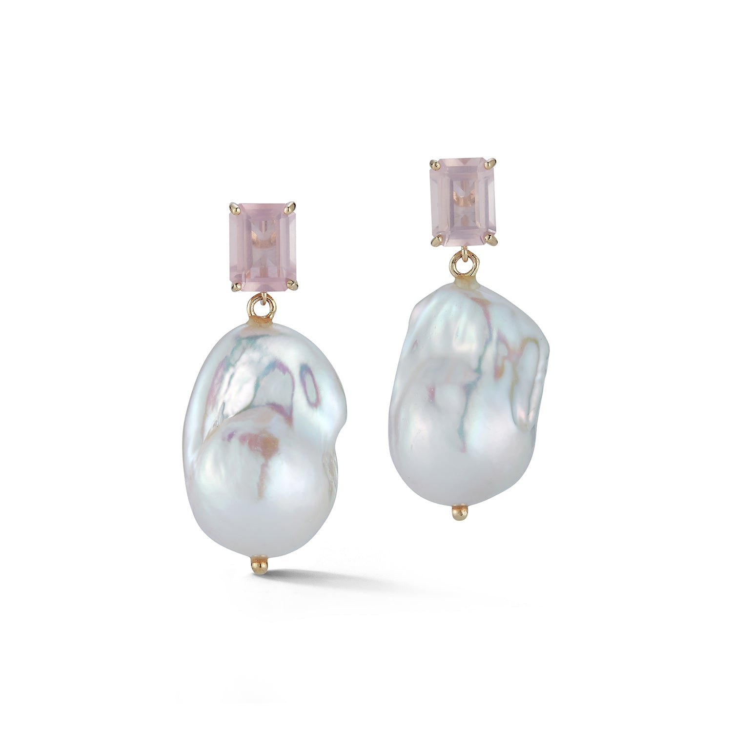 14K Gold Rose Quartz and Baroque Pearl Drop Earrings for Women – Elegant Dangle Earrings for Wedding, Party & Special Occasions