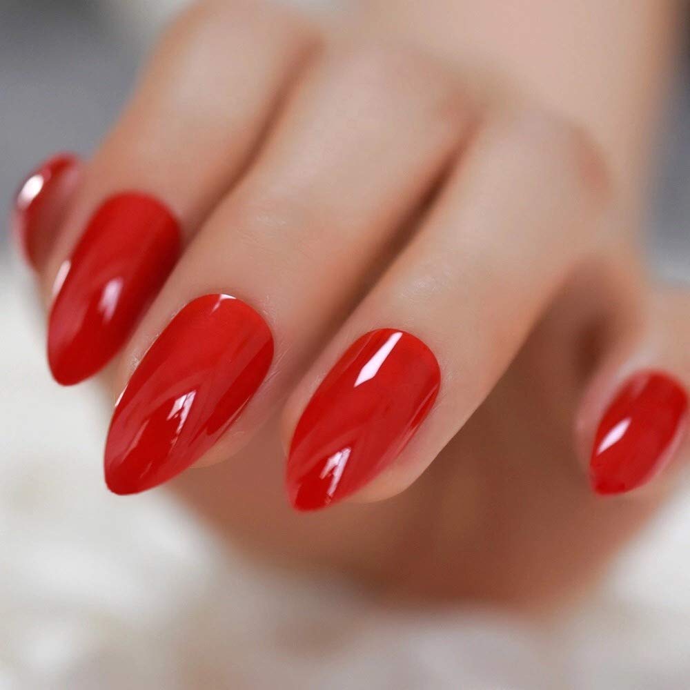 Long Almond Stiletto Press On Nails with Nail Glue - 24PCS Reusable Fake Nails Kit for Women, Hot Glam Acrylic Nails for Parties, Weddings & Special Occasions