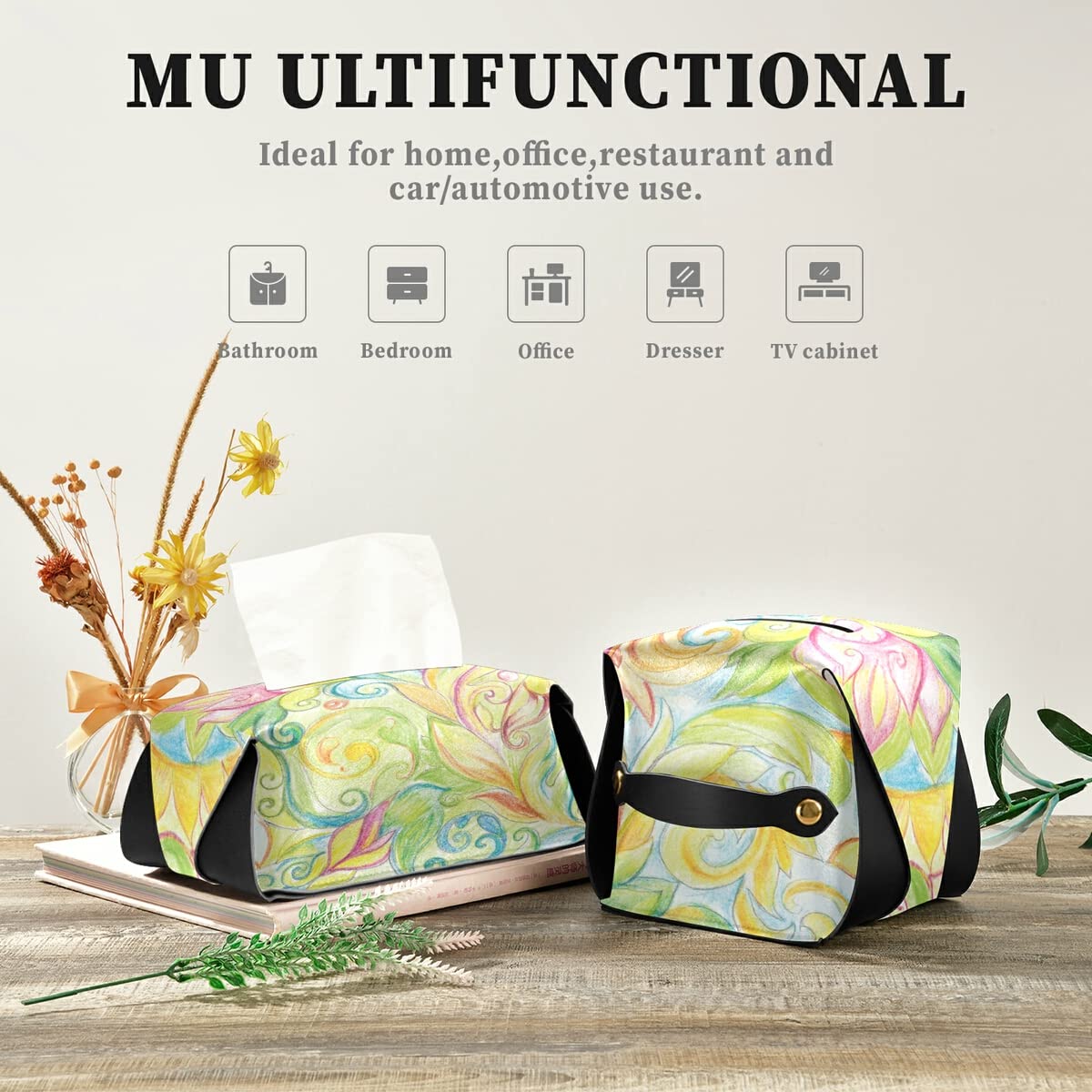 Floral PU Leather Tissue Box Cover - Rectangle Hanging Tissue Holder Dispenser for Bathroom, Bedroom, Dresser - 9.4x5.1x3.6 Inches - Perfect for Home Decor & Gift Giving