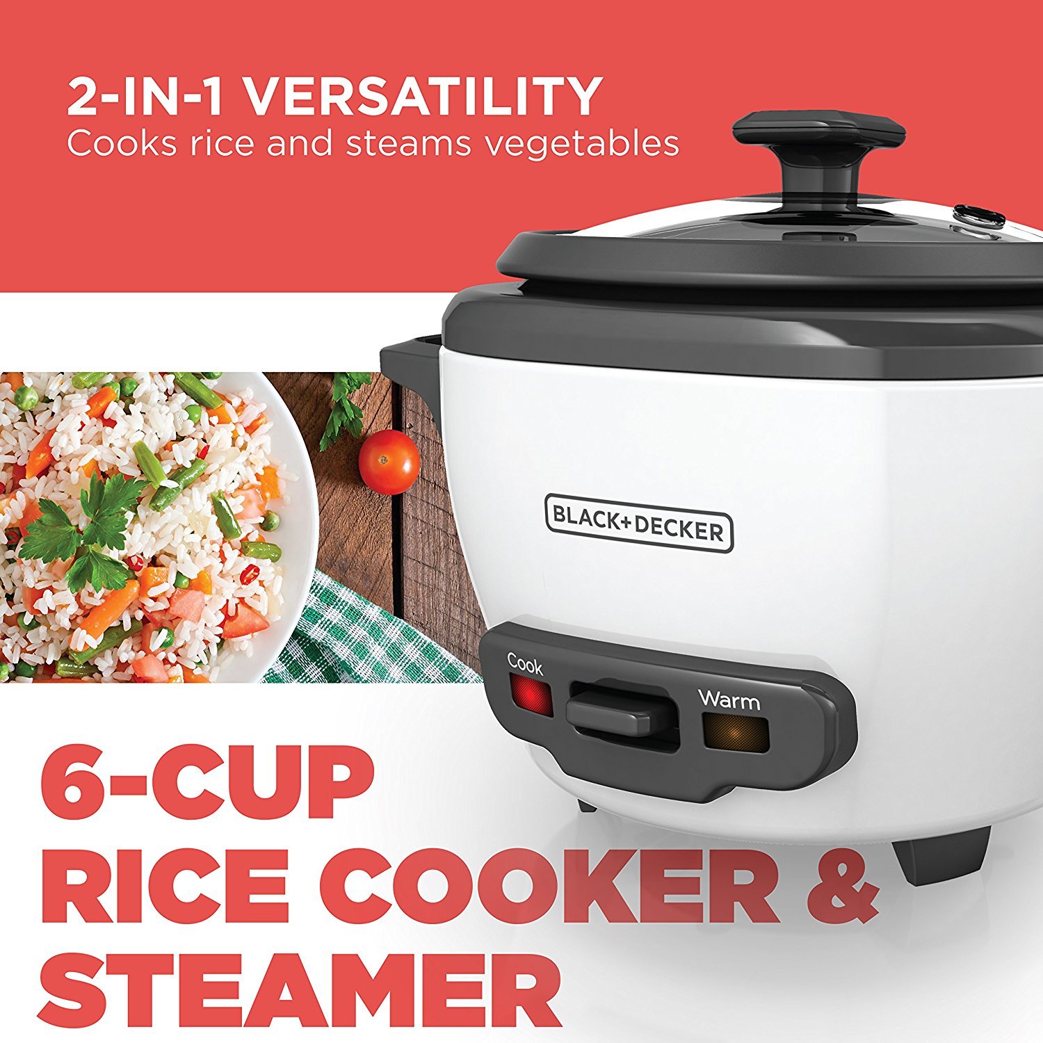 BLACK+DECKER 2-in-1 Rice Cooker and Food Steamer - 6 Cup Capacity Electric Rice Cooker with Automatic Keep Warm, Nonstick Inner Pot & Steaming Basket - Perfect for Cooking Rice, Vegetables, and Healthy Meals - Ideal for Small Kitchens, Dorms, and Family Use