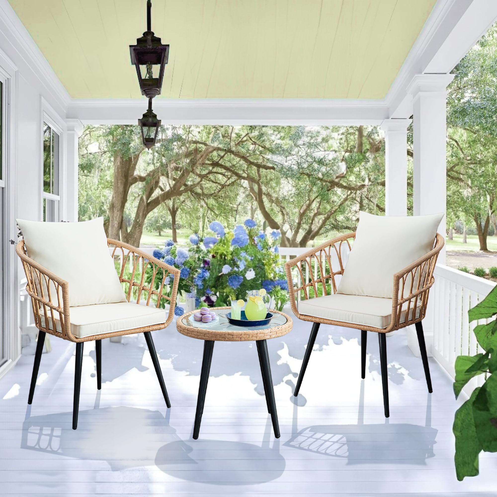 3-Piece Patio Bistro Set - All-Weather Wicker Outdoor Furniture with Coffee Table & Cushions, Rattan Conversation Chairs for Balcony, Porch, Backyard, Deck, Poolside - Perfect for Relaxing, Entertaining & Outdoor Dining