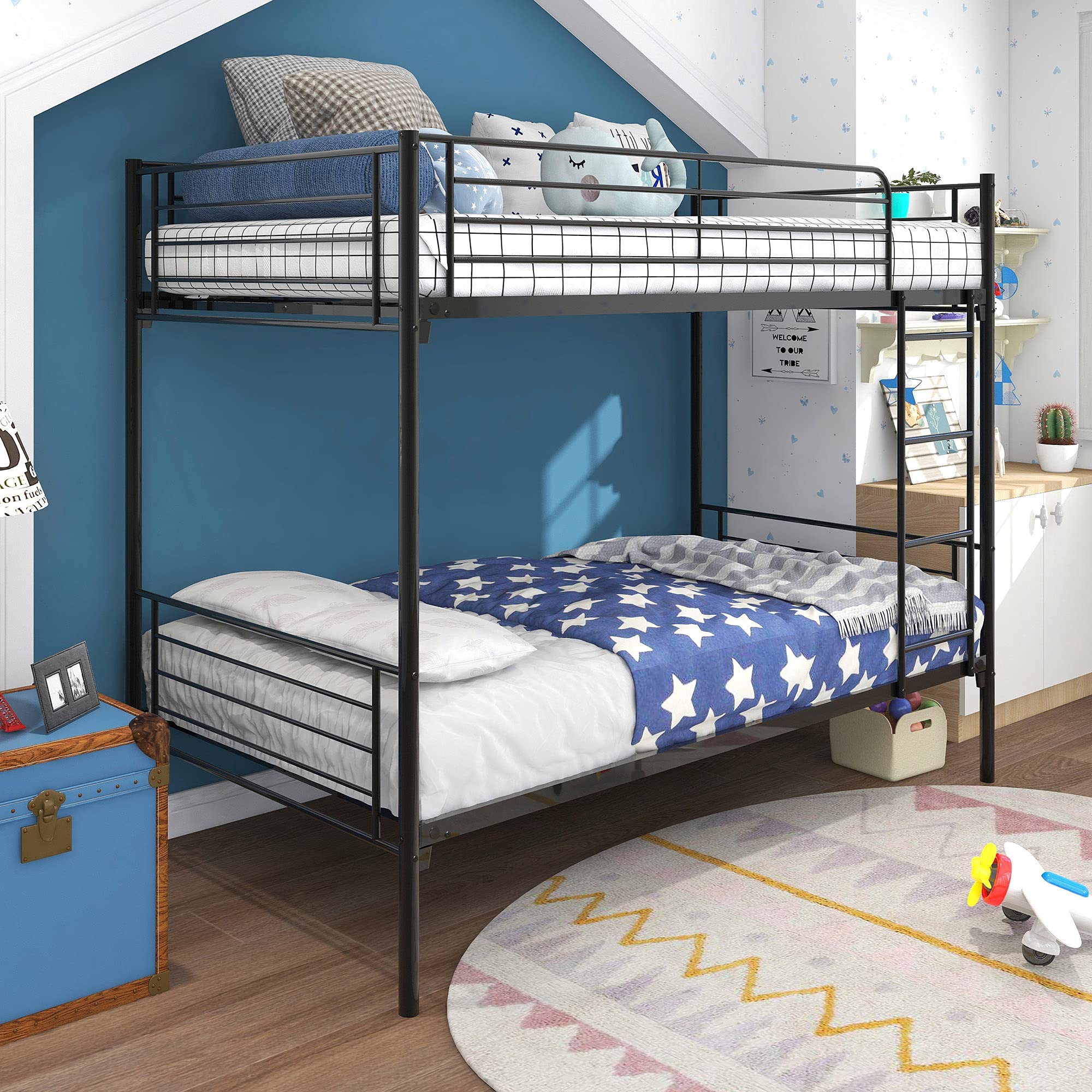 EMKK Twin Over Twin Metal Bunk Bed Frame for Kids, Teens & Adults - Sturdy Guard Rails & Ladder Included - Space Saving, Noise-Free Design - Easy Assembly, No Box Spring Needed - Perfect for Dorms, Small Bedrooms & Shared Kids' Rooms