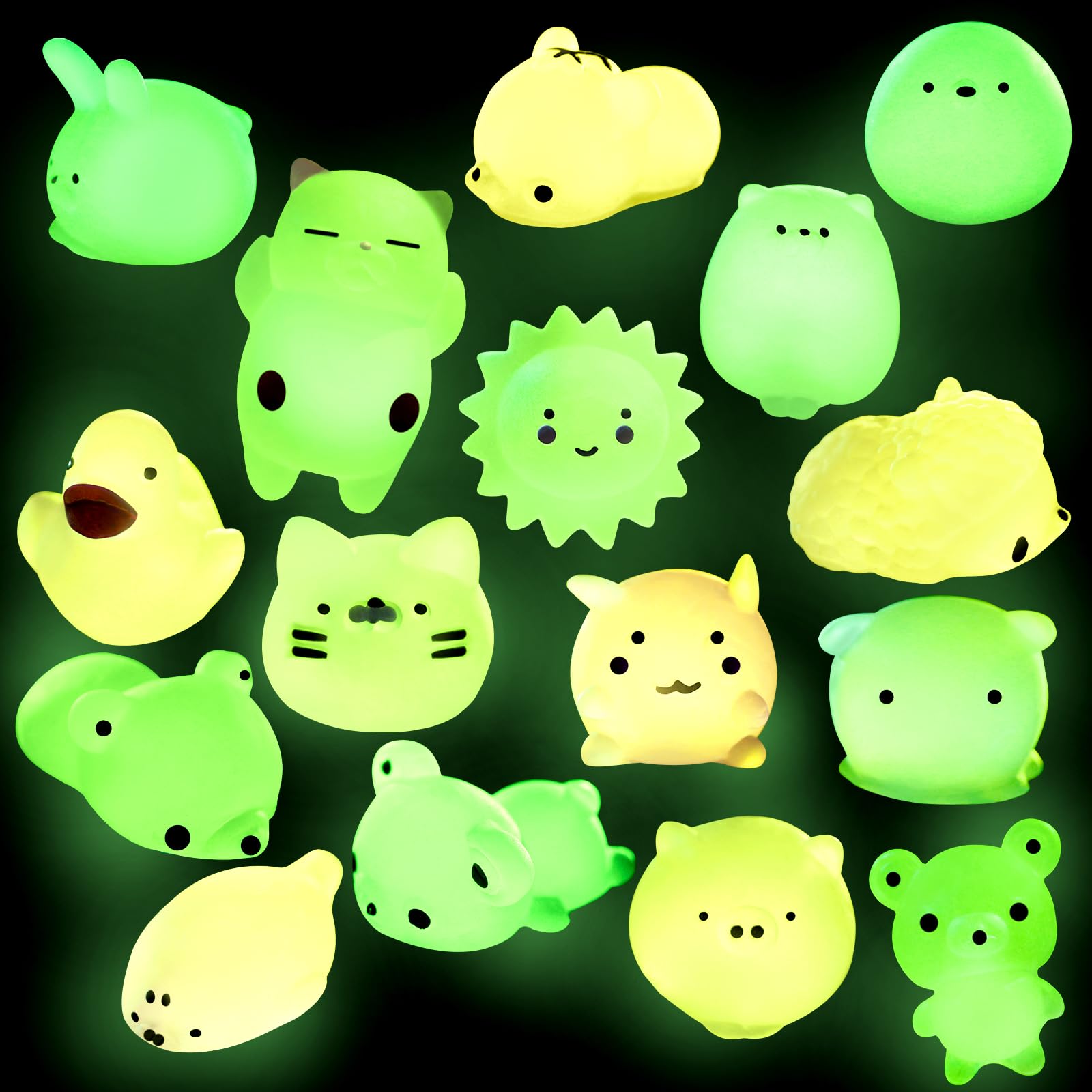 Outee 16-Piece Mini Mochi Animal Toys Set - Glow in The Dark Stress Relief Squishy Toys for Kids, Bulk Random Cat Figures for Halloween Party Favors & Goodie Bag Stuffers - Perfect for Sensory Play, Birthday Gifts, and Classroom Rewards