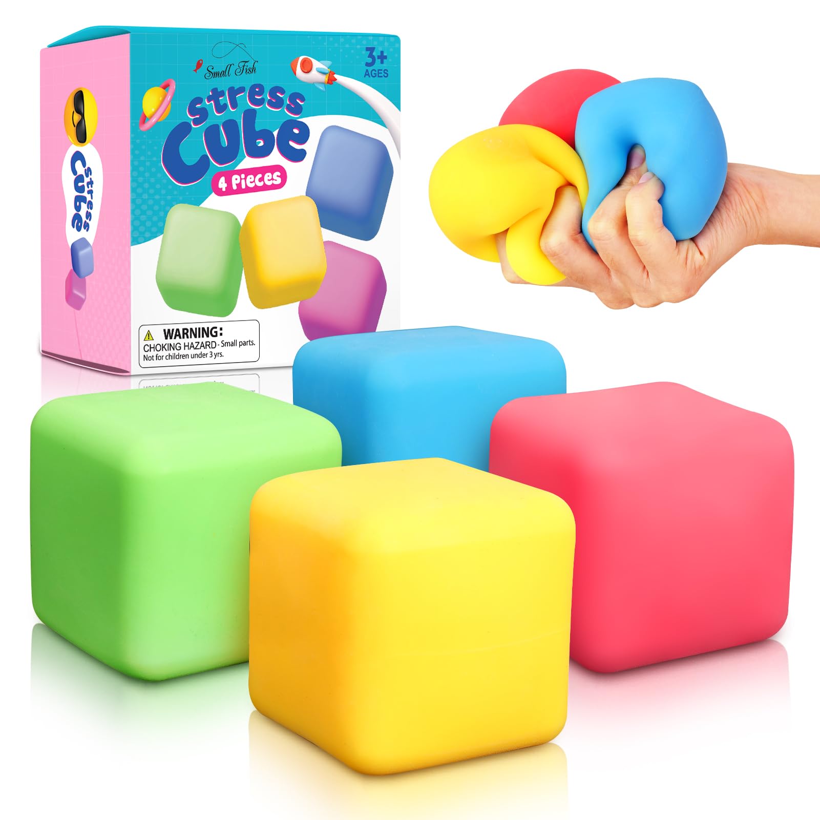 4 Pack Stress Relief Cube Fidget Toys for Kids & Adults - Squeeze Stress Balls, Anxiety Sensory Toys for Autism, ADHD, Classroom, Office & Party - Perfect for Focus, Relaxation & Hand Exercise