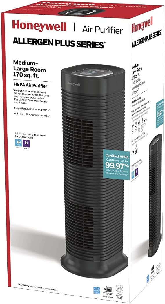 Honeywell HPA160 AllergenPlus HEPA Tower Air Purifier for Medium-Large Rooms (170 sq ft) - Removes Wildfire Smoke, Pollen, Pet Dander & Dust - Black Air Cleaner for Home, Office & Bedroom Allergy Relief