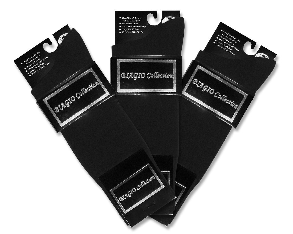 3 Pairs of Biagio Solid Black Cotton Dress Socks for Men - Comfortable Formal & Business Socks for Office, Wedding & Dress Shoes