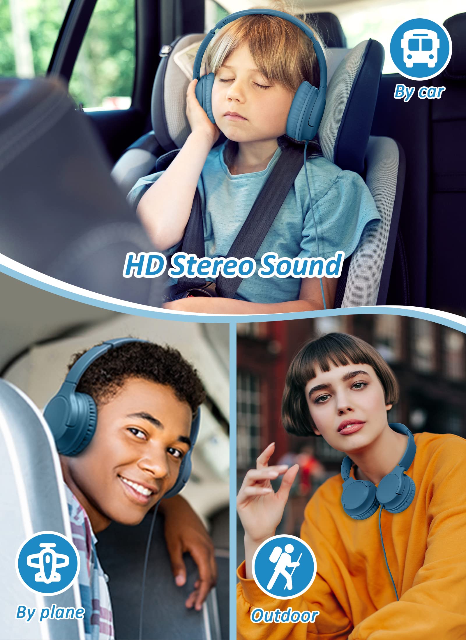 DyBaxa Kids Headphones Wired with 94dB Volume Limiter - Foldable Over-Ear Headset for Children, Safe for School, Online Classes & Travel - Compatible with Smartphones & Tablets via 3.5mm Jack (Dark Blue) - Perfect for Learning, Gaming & Airplane Use