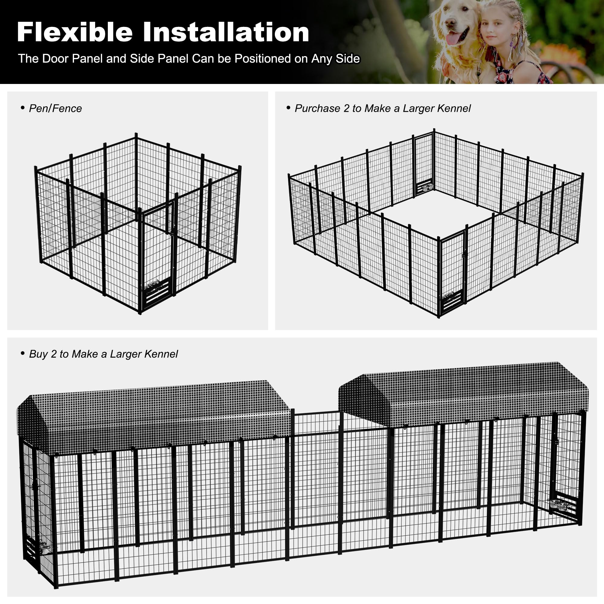 Heavy Duty Outdoor Dog Kennel for Large Dogs - 8'L x 4'W x 6'H Metal Dog Playpen with Roof Cover & Feeding Door - Weatherproof Yard Fence House for German Shepherds, Huskies - Perfect for Backyard, Camping & Outdoor Adventures
