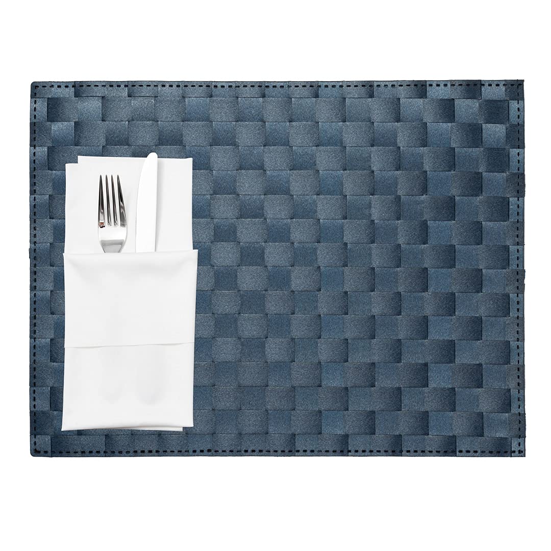 Restaurantware Macroweave 16 x 12 Inch Woven Plastic Placemats Set of 6 - Durable Navy Blue Rectangle Table Mats for Easy Cleaning | Ideal for Home Dining, Restaurants & Outdoor Entertaining